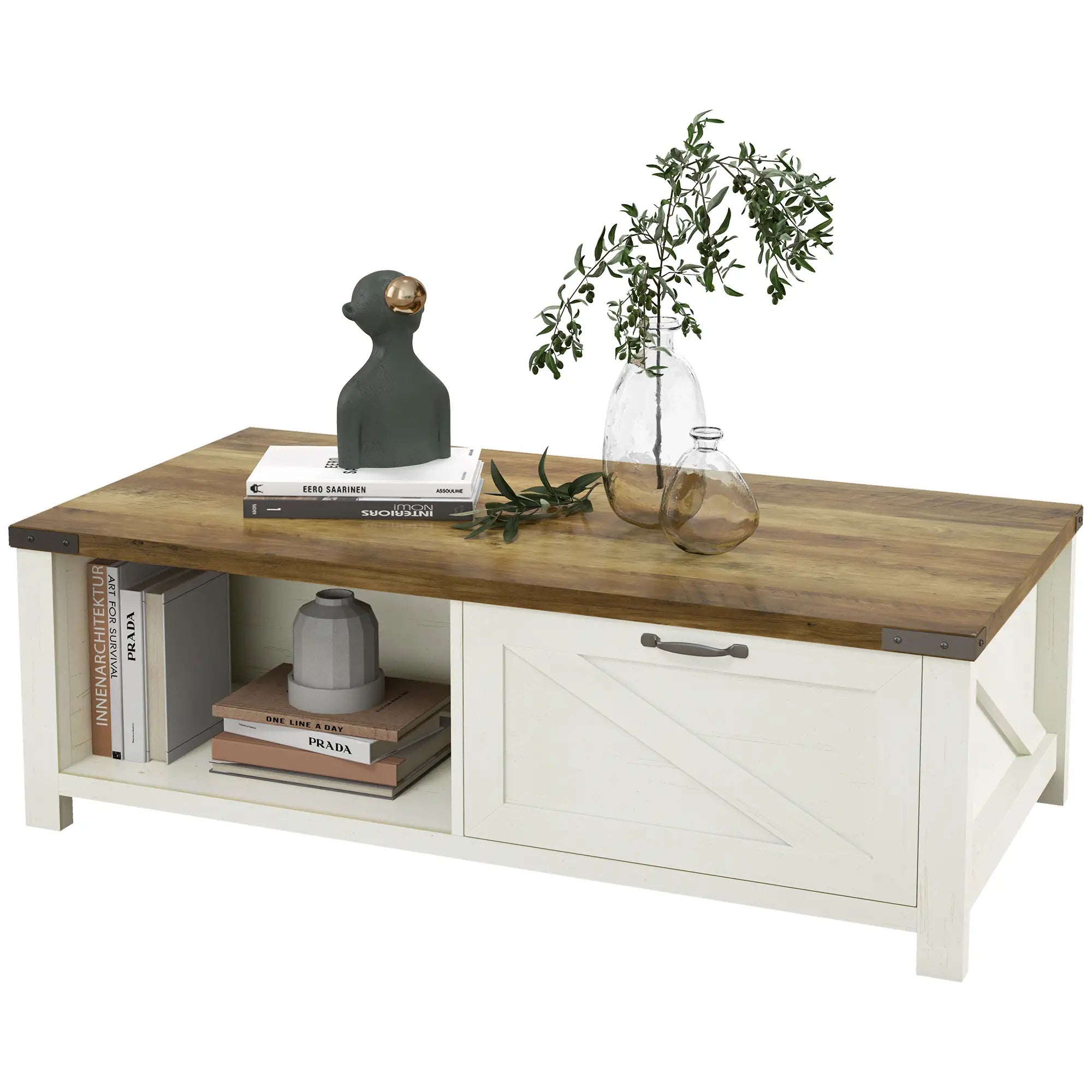 Industrial Coffee Table with Drawer, Open Shelf, Farmhouse Style, Brown Coffee Tables at Gallery Canada