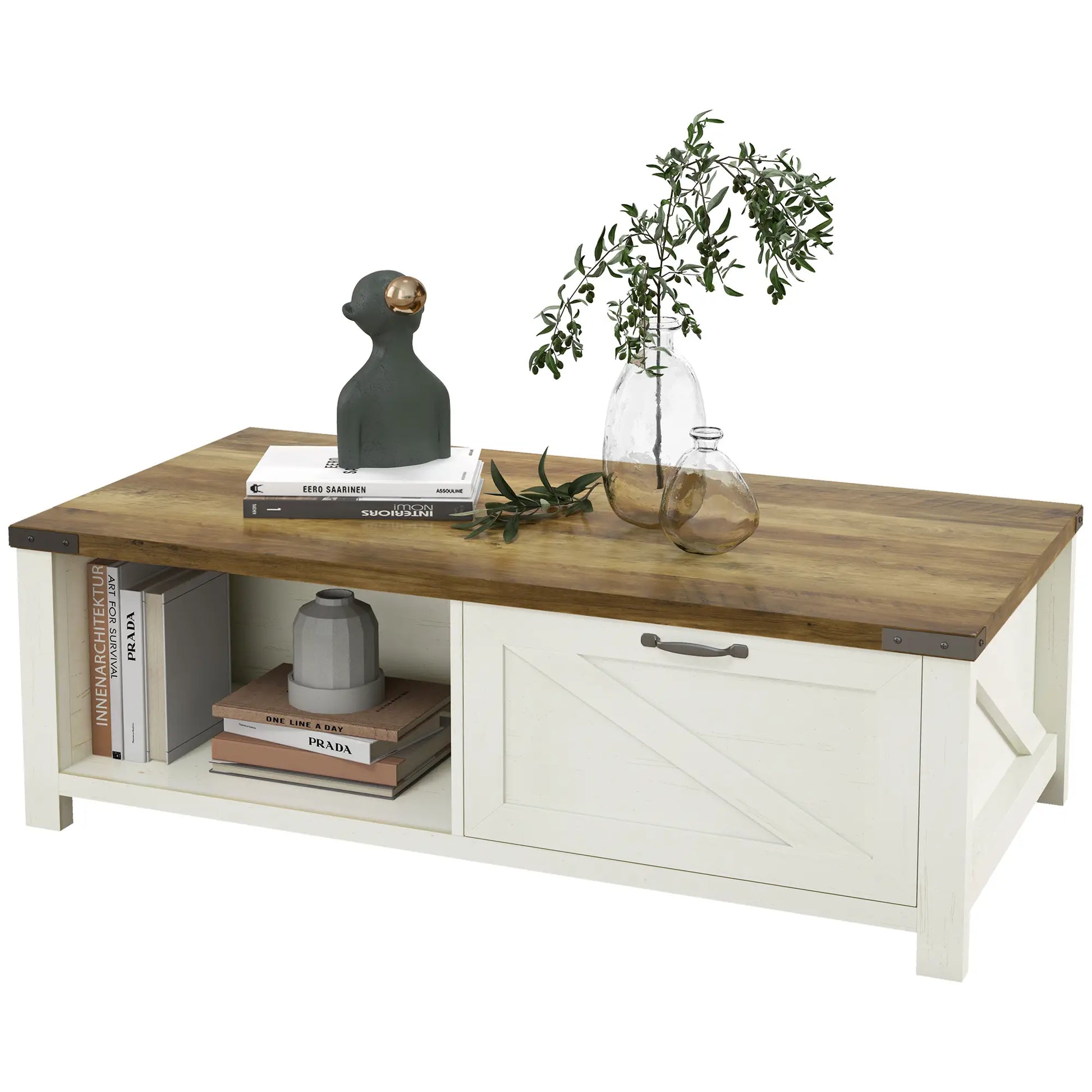 Industrial Coffee Table with Drawer, Open Shelf, Farmhouse Style, Brown Coffee Tables at Gallery Canada