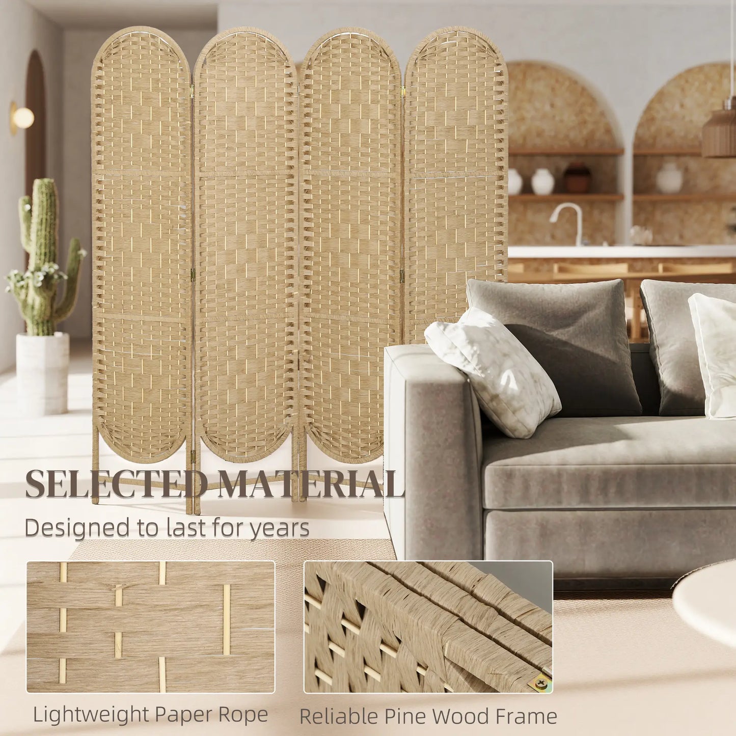 Bohemian Privacy Screen, 4 Panel Folding Room Divider, Arched Top, Natural Wood Room Dividers at Gallery Canada