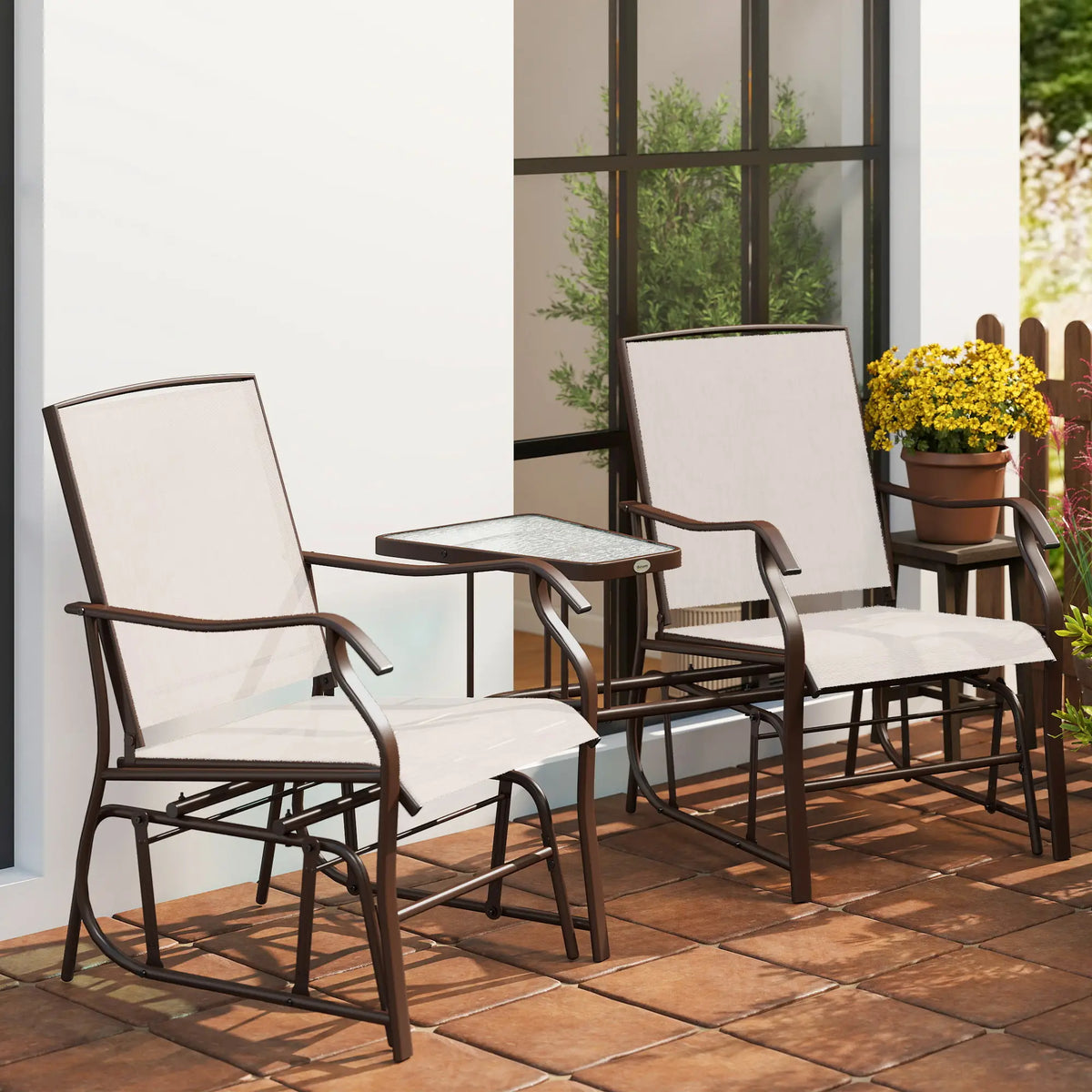 Double Patio Glider Chair With Glass Top Table, Beige
