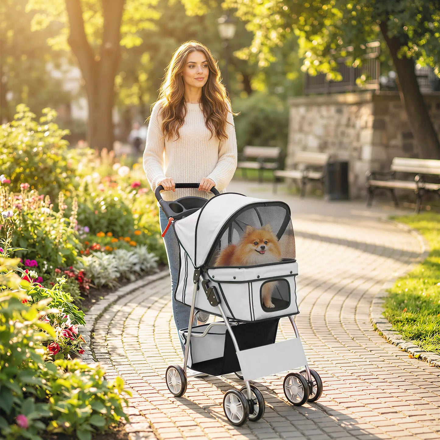 Foldable Pet Stroller, With Wheels, Reflective Strips, Brake, Pad, Basket, Grey Dog Bike Trailers & Strollers at Gallery Canada