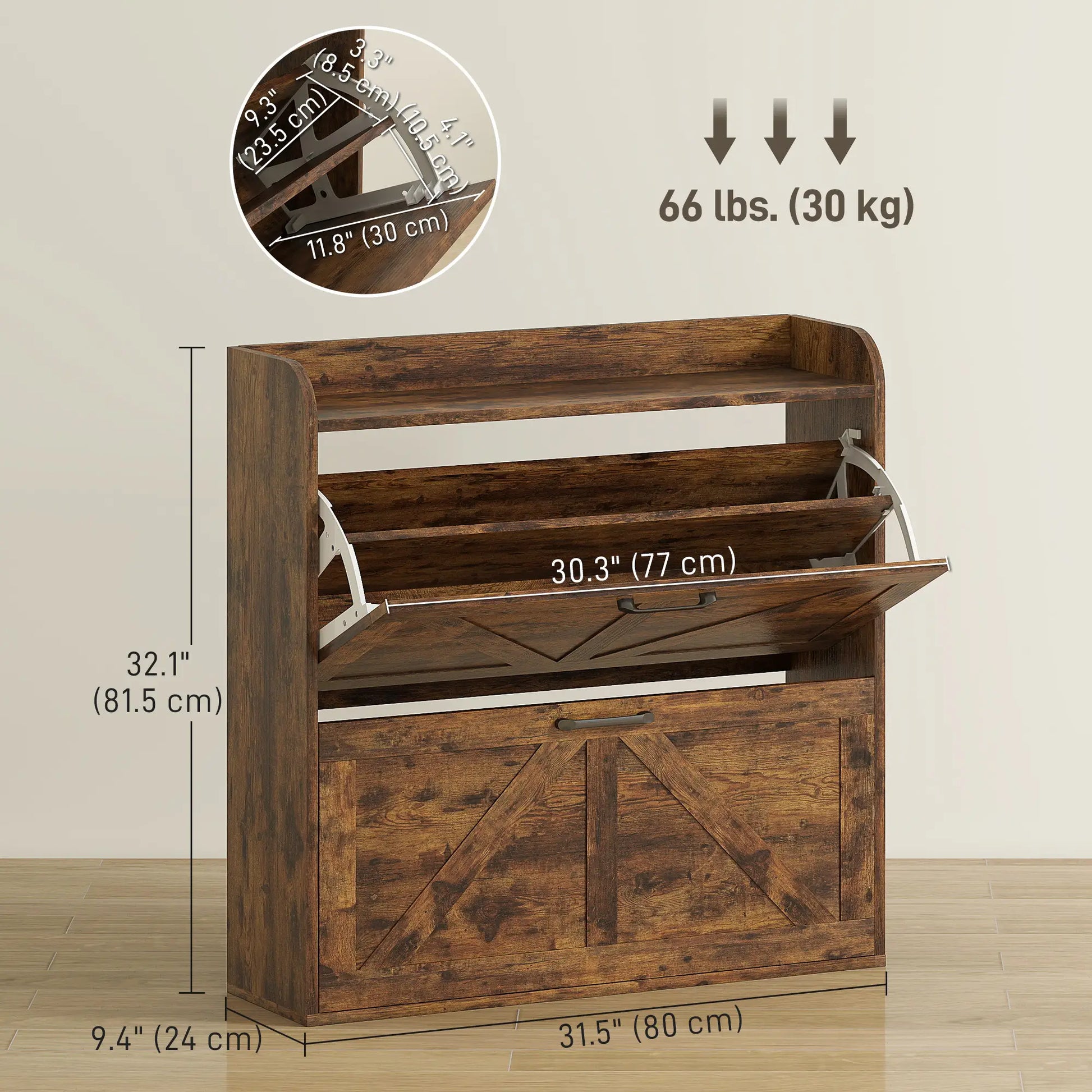 Narrow Shoe Storage Cabinet, 2 Flip Drawers, Adjustable Shelves, Rustic Brown Shoe Storage Cabinets & Racks at Gallery Canada