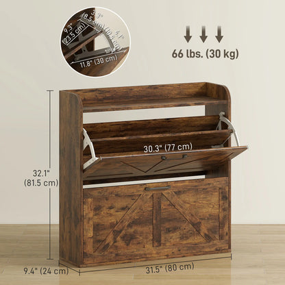 Narrow Shoe Storage Cabinet, 2 Flip Drawers, Adjustable Shelves, Rustic Brown Shoe Storage Cabinets & Racks at Gallery Canada