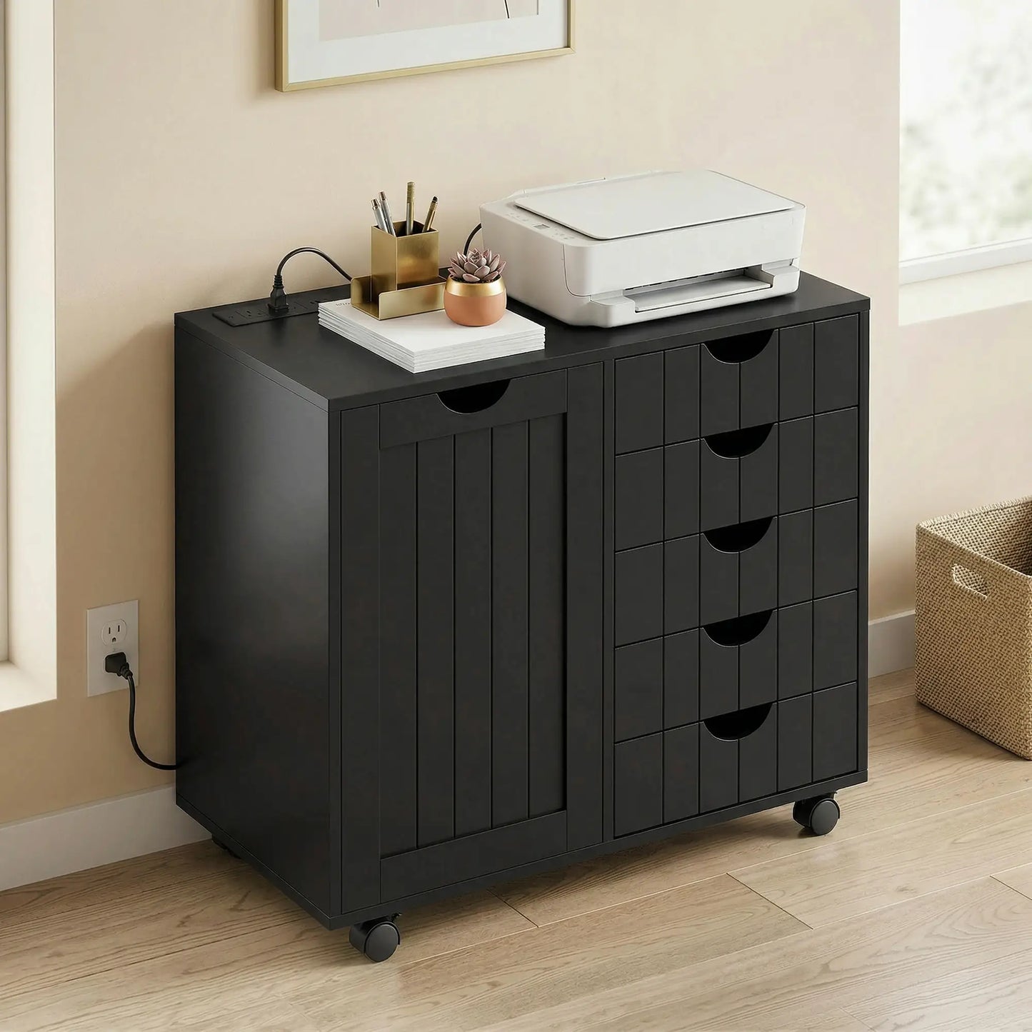 Mobile Lateral Filing Cabinet with 5 Drawers, Printer Stand, Black Office Cabinets & Cupboards at Gallery Canada