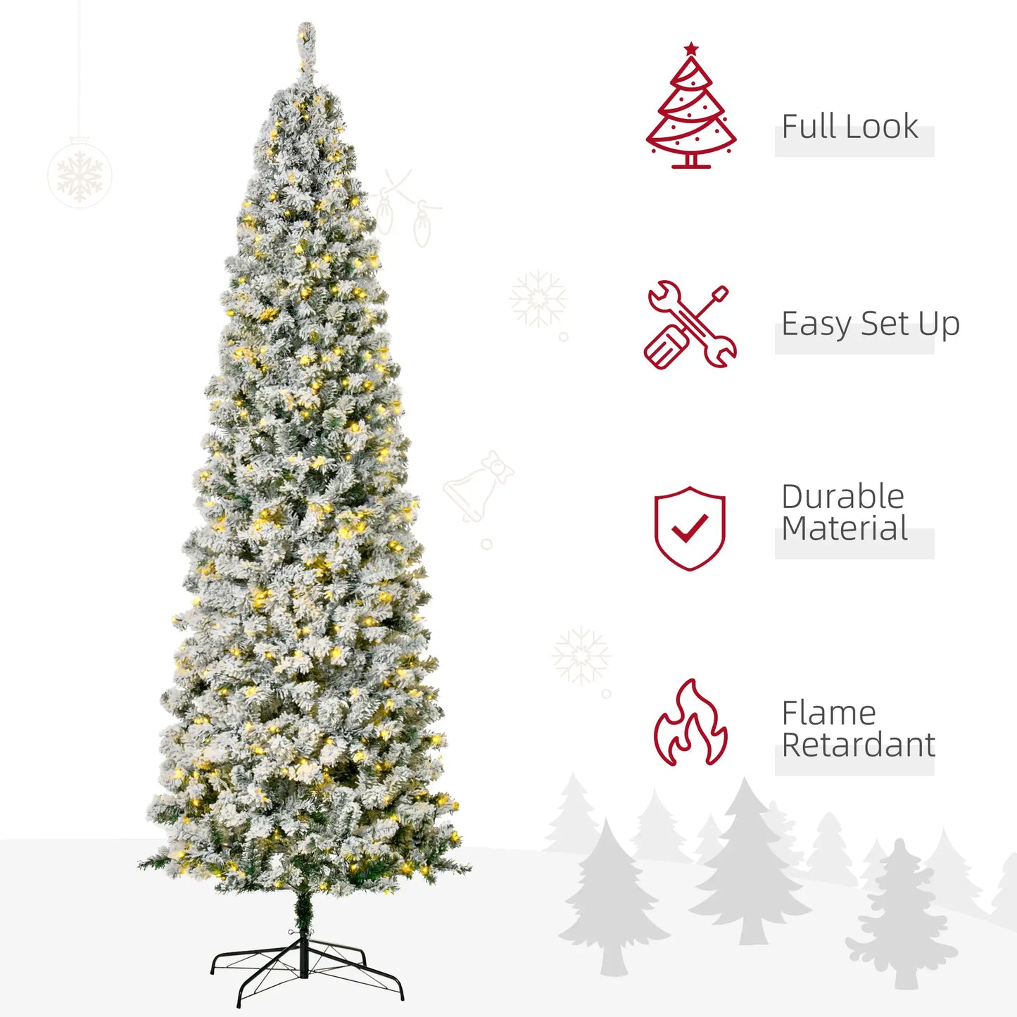 9 Feet Prelit Snow Flocked Pencil Christmas Tree, Warm White LED, Green Pre Lit Christmas Trees at Gallery Canada