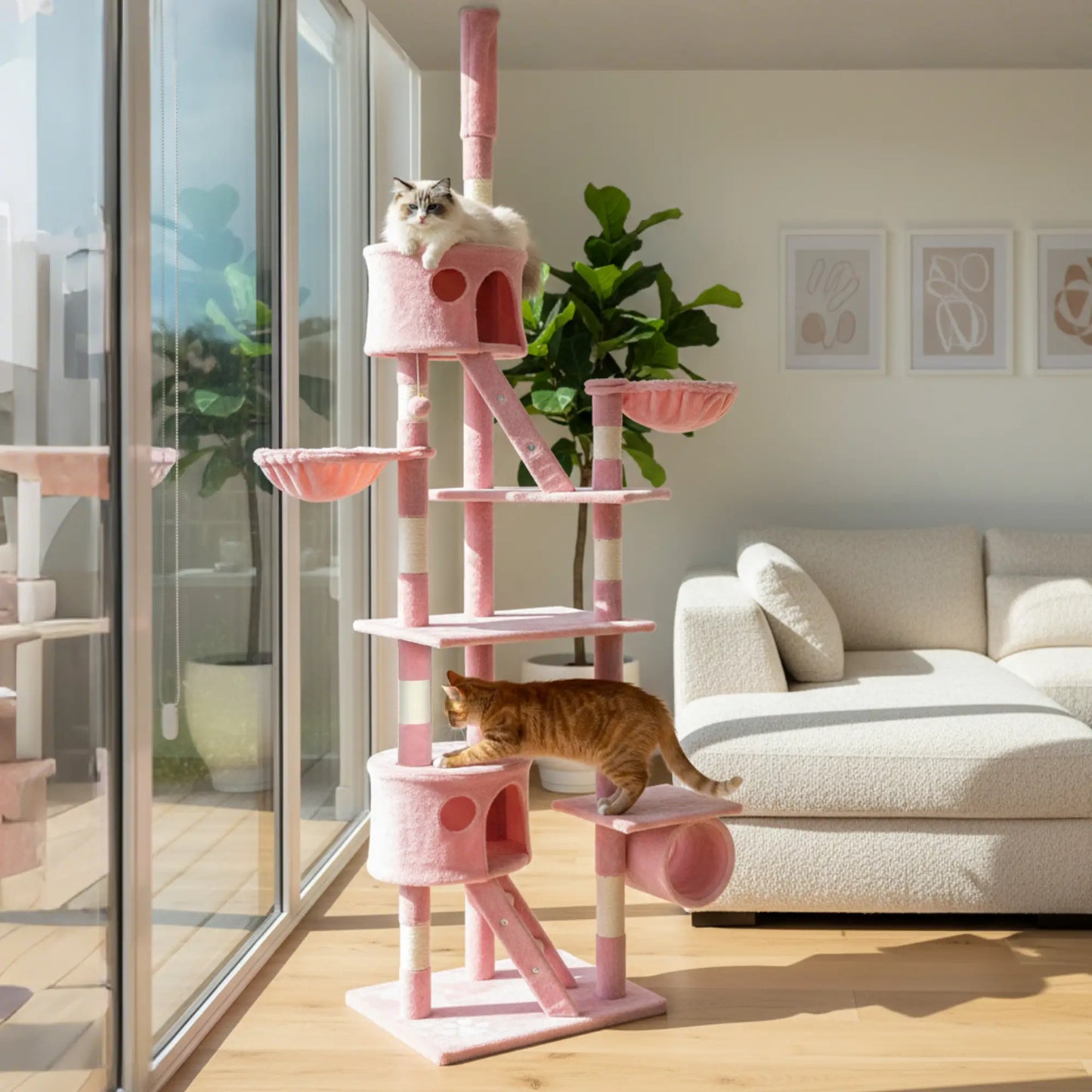94"-102" Floor To Ceiling Cat Tree, Multi-Level Play House, Pink Multi-Level Cat Towers at Gallery Canada