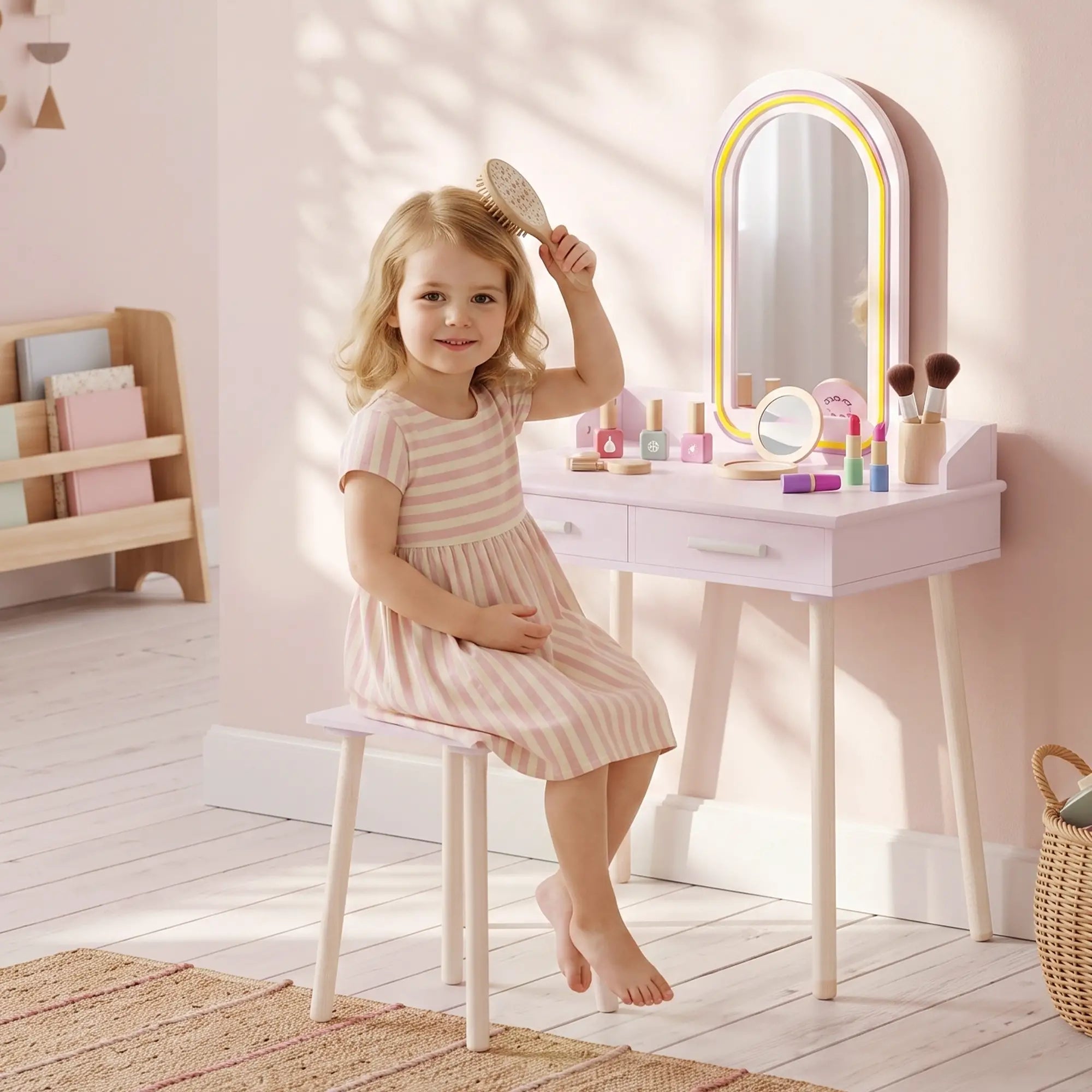 Kids Vanity Set with Stool, LED Mirror, Pink Kids Bedroom Furniture at Gallery Canada