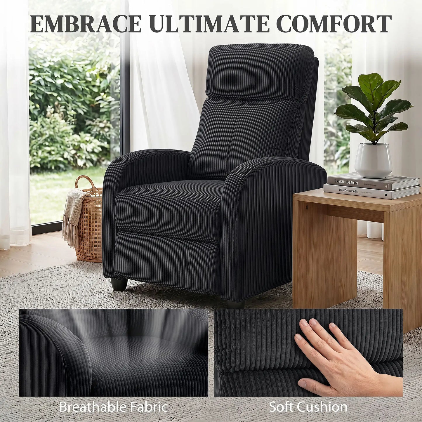 Fauteuil inclinable Corduroy, siège rembourré, noir