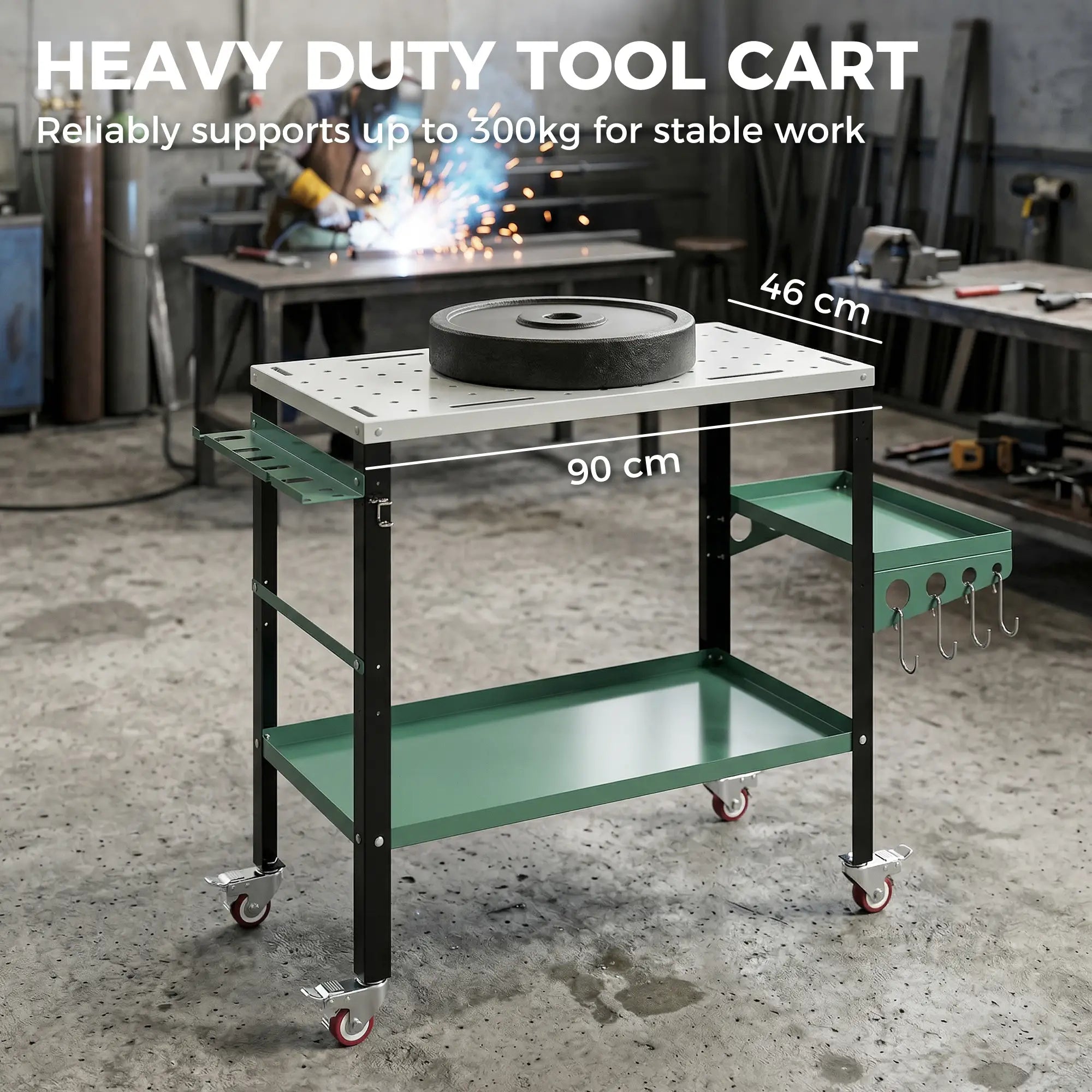 2Tier Rolling Tool Cart with Wheels, Lockable Steel Heavy Duty Cart with Side Tray, Silver &; Green Tool Organizers at Gallery Canada