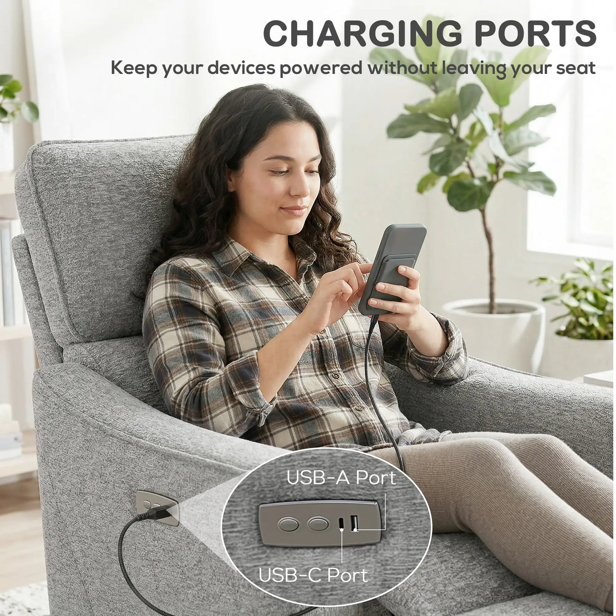 Power Recliner Chair, Linen Fabric, USB Ports, Footrest, Grey Sofas & Reclining Chairs at Gallery Canada