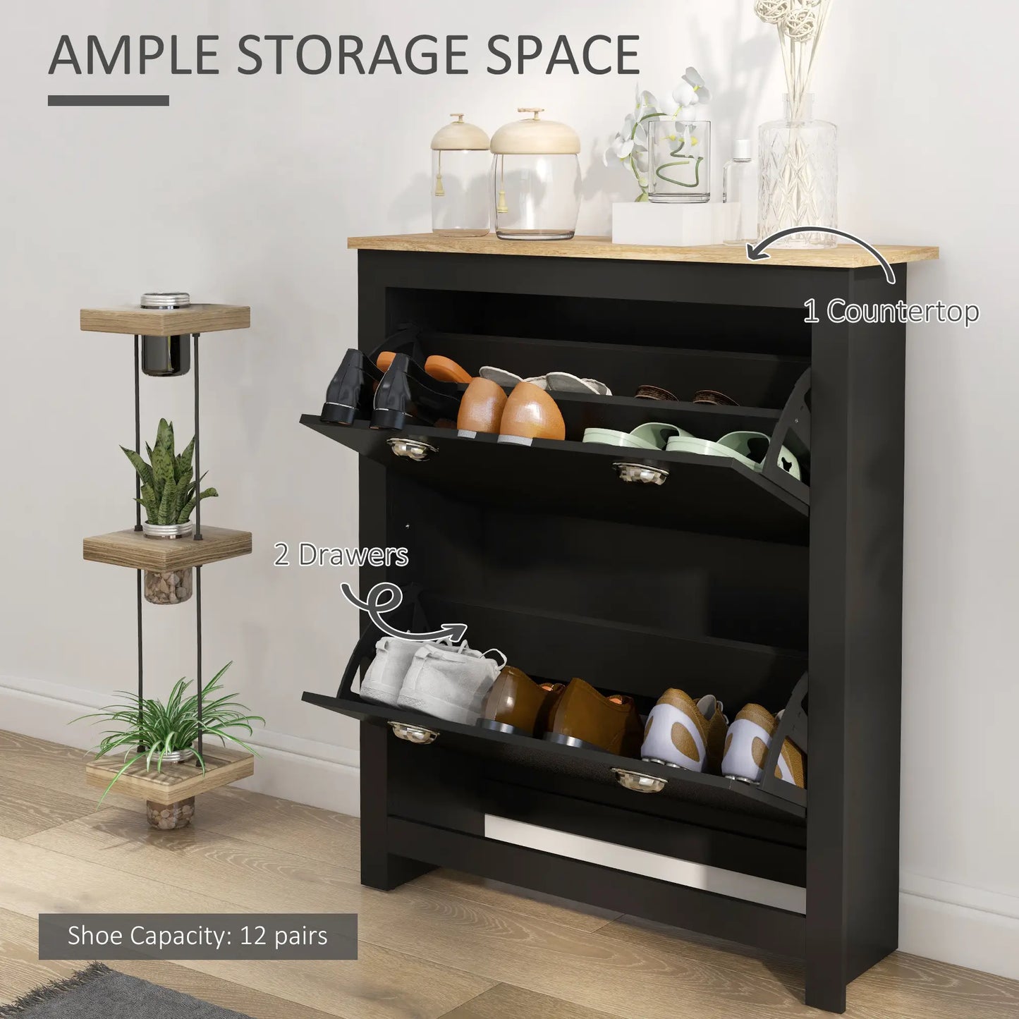 Shoe Cabinet, 2 Flip Drawers, Adjustable Shelves, 12 Pair, Black Shoe Storage Cabinets & Racks at Gallery Canada