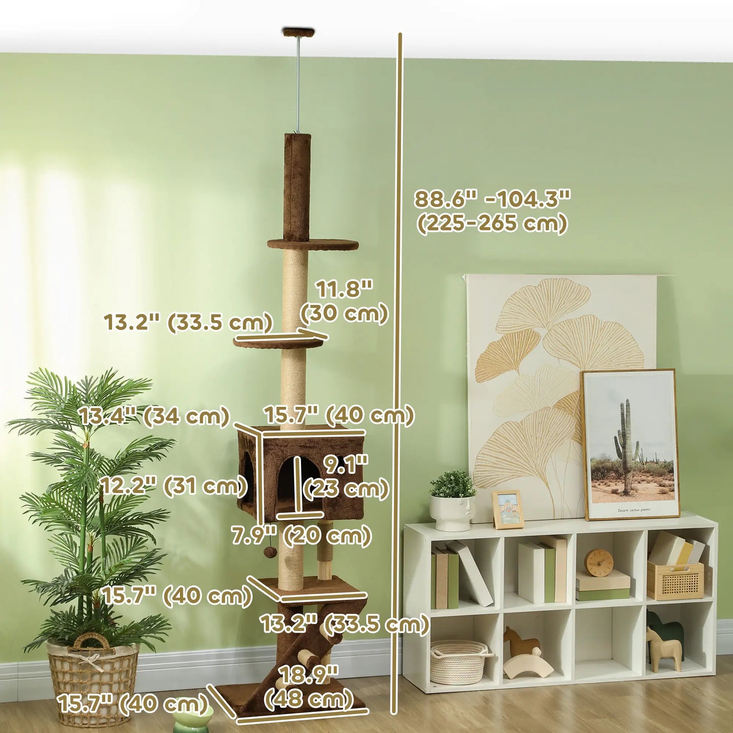 89"-104" Cat Tree with Scratching Post, Cat House, 3-Steps, Hanging Ball, Brown Floor to Ceiling Cat Trees at Gallery Canada