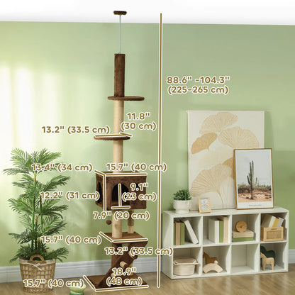 89"-104" Cat Tree with Scratching Post, Cat House, 3-Steps, Hanging Ball, Brown Floor to Ceiling Cat Trees at Gallery Canada