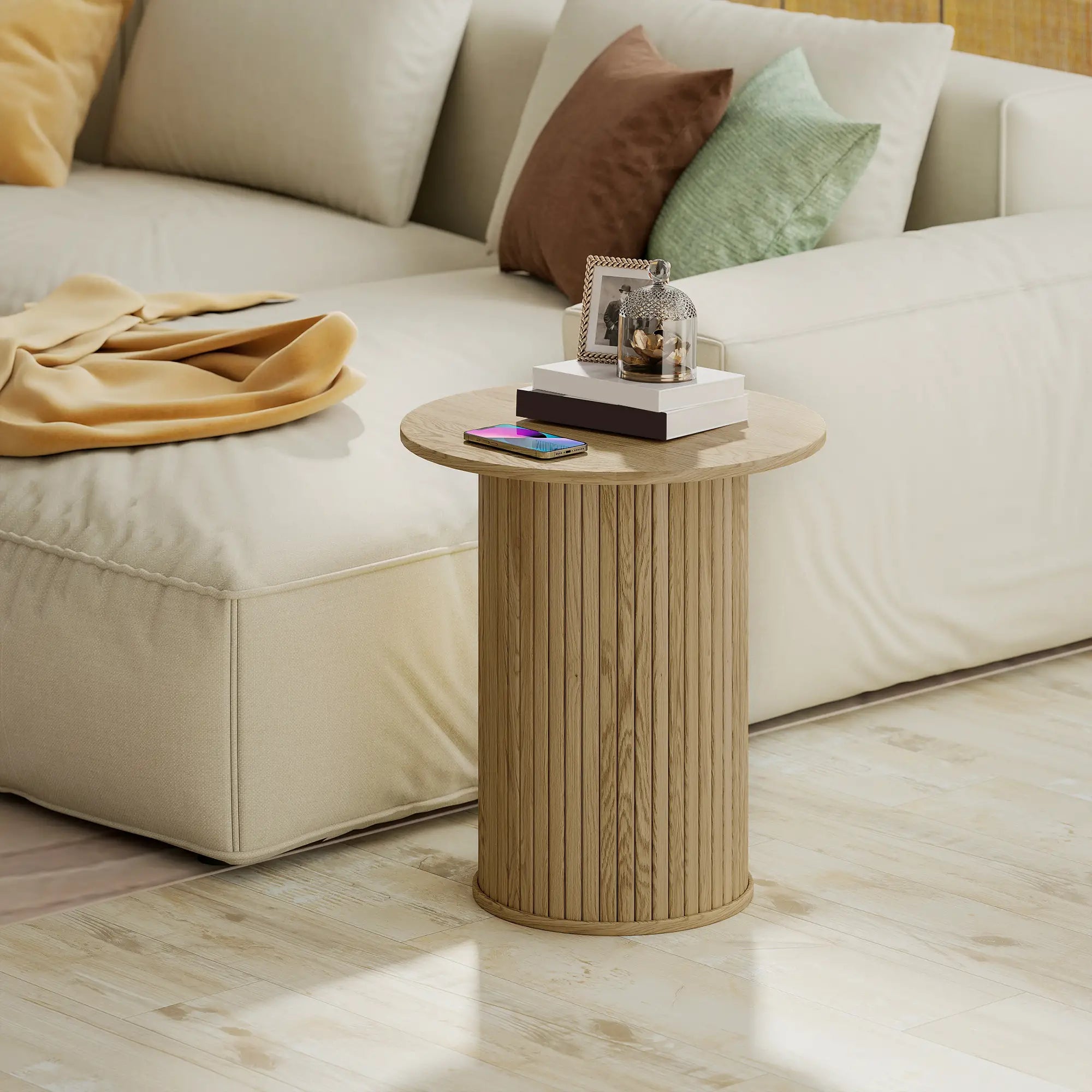 Round Side Table, Fluted Accent End Table, Narrow Nightstand, Oak Side Tables at Gallery Canada