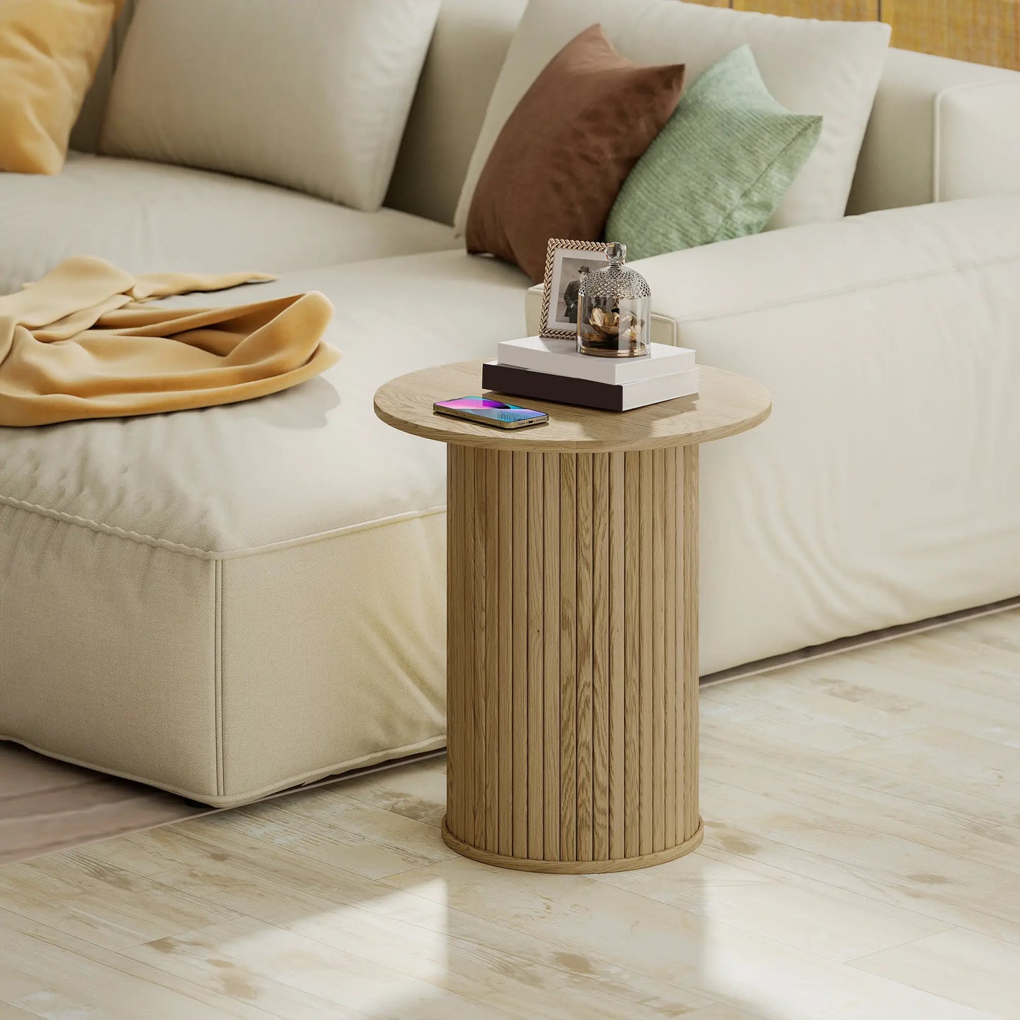 Round Side Table, Fluted Accent End Table, Narrow Nightstand, Oak Side Tables at Gallery Canada