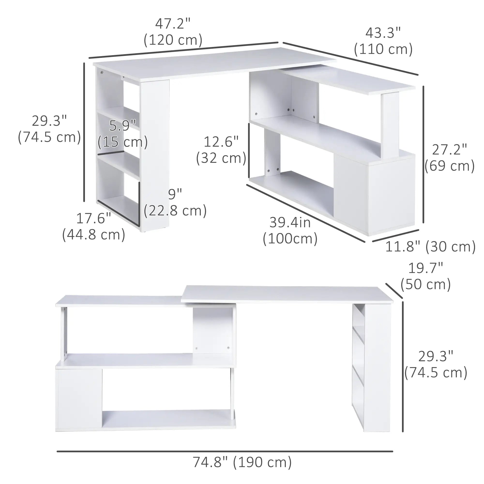 L Shaped Desk, 360° Rotating Corner, Computer Writing Table, White Writing Desks at Gallery Canada