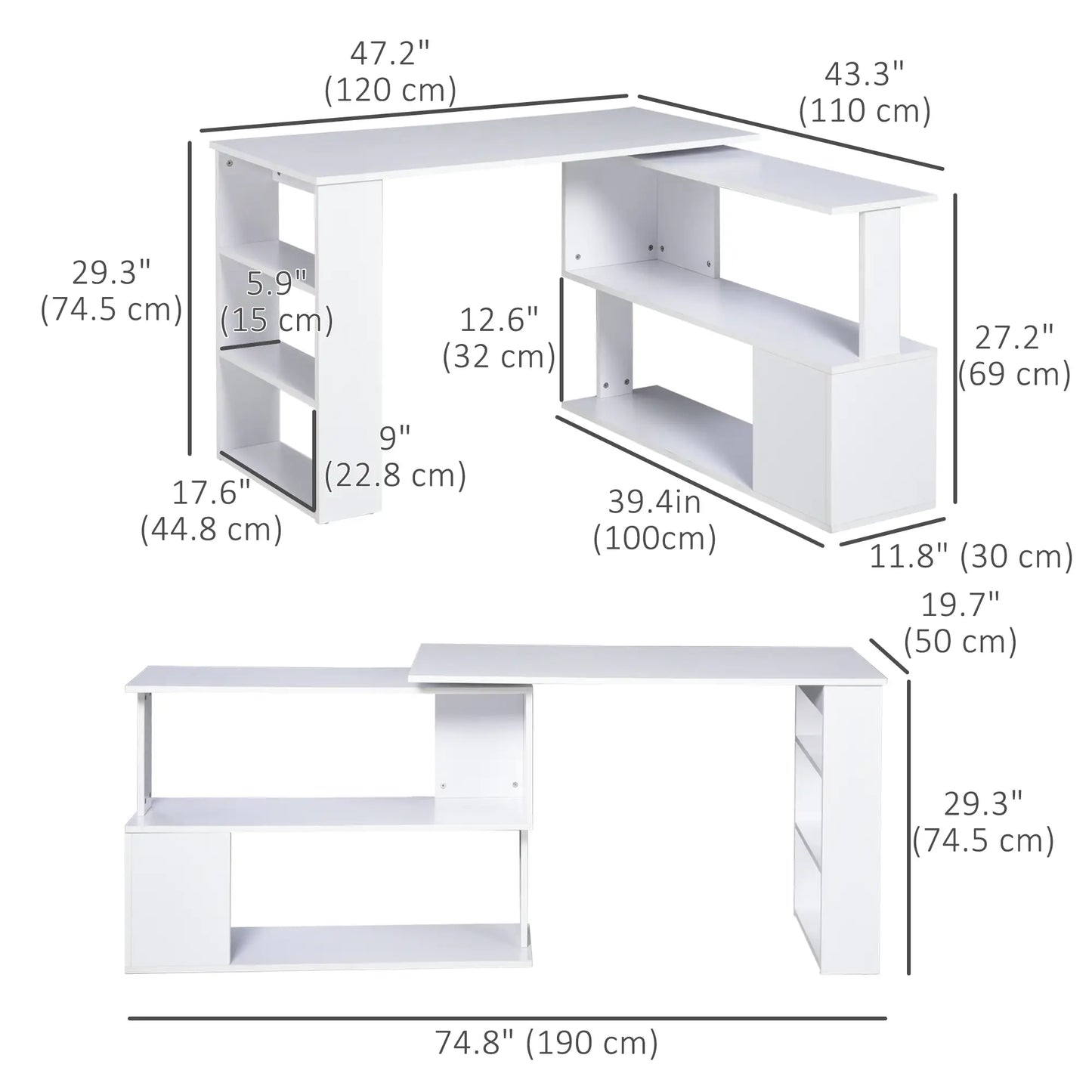 L Shaped Desk, 360° Rotating Corner, Computer Writing Table, White Writing Desks at Gallery Canada