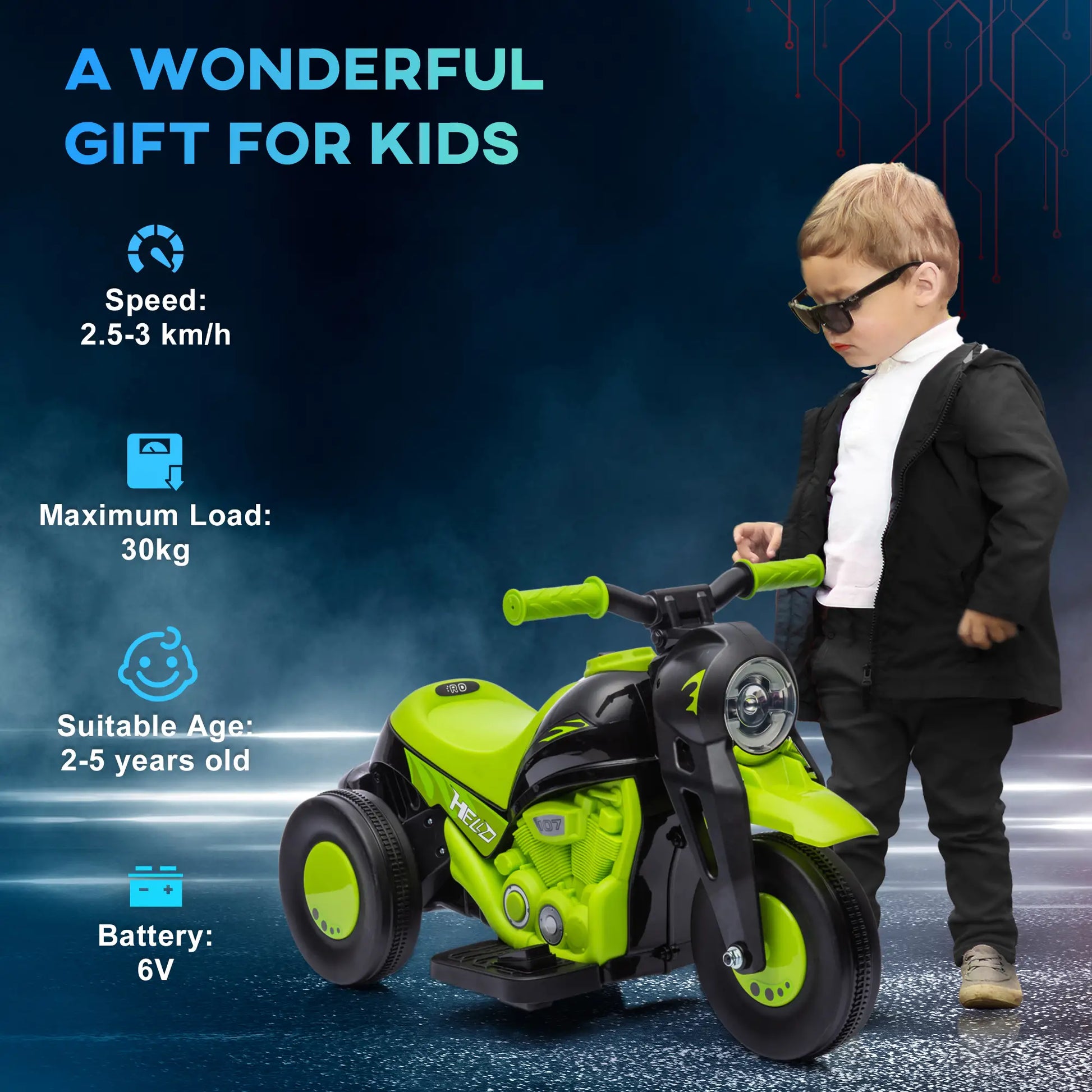 Electric Motorcycle for Kids, 6V, LED Headlight, Music, Pedal, Green Electric Motorcycles at Gallery Canada
