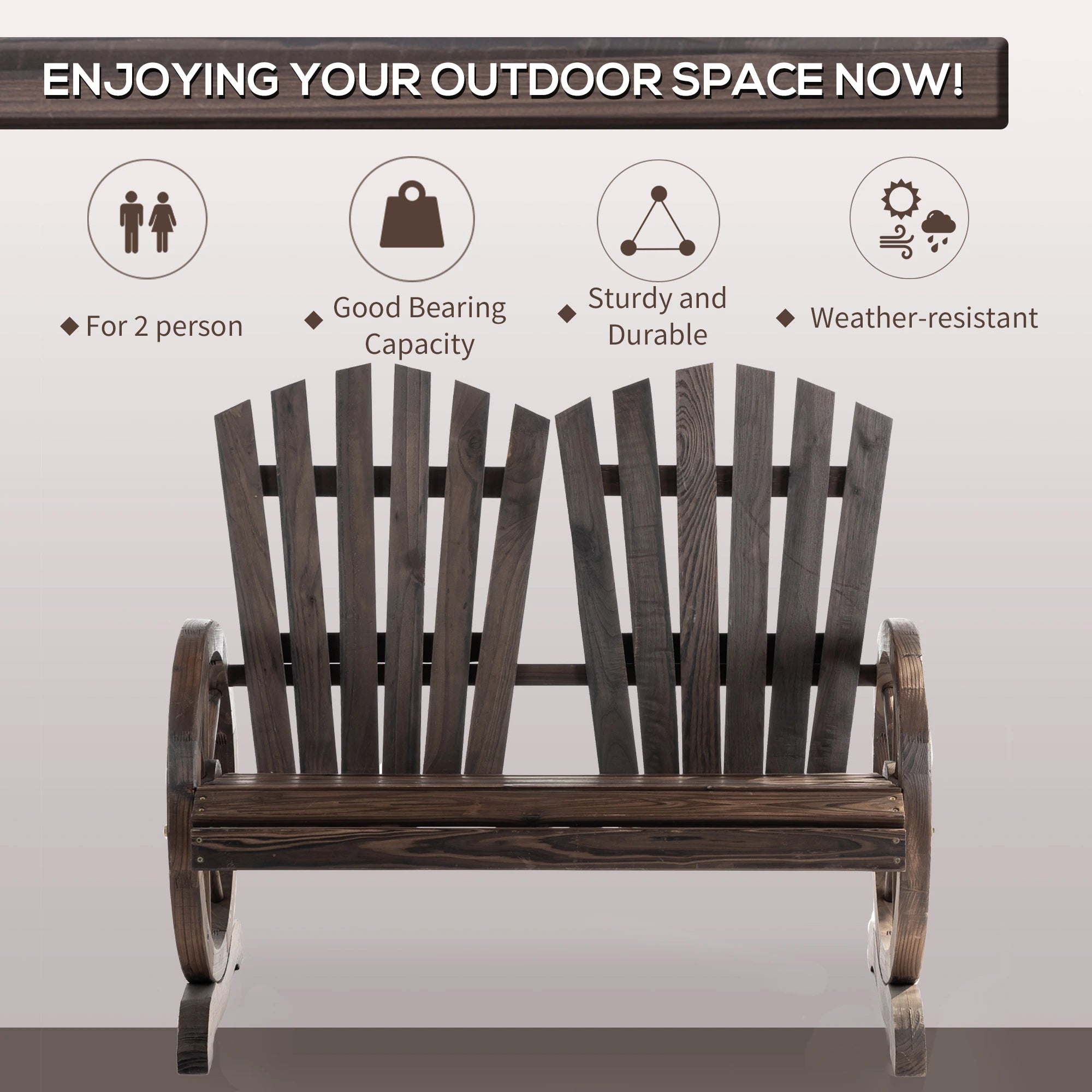 Outdoor Garden Bench, 2-Seat Wooden Patio Bench, Wheel-Shaped Armrests, Carbonized Outdoor Benches at Gallery Canada