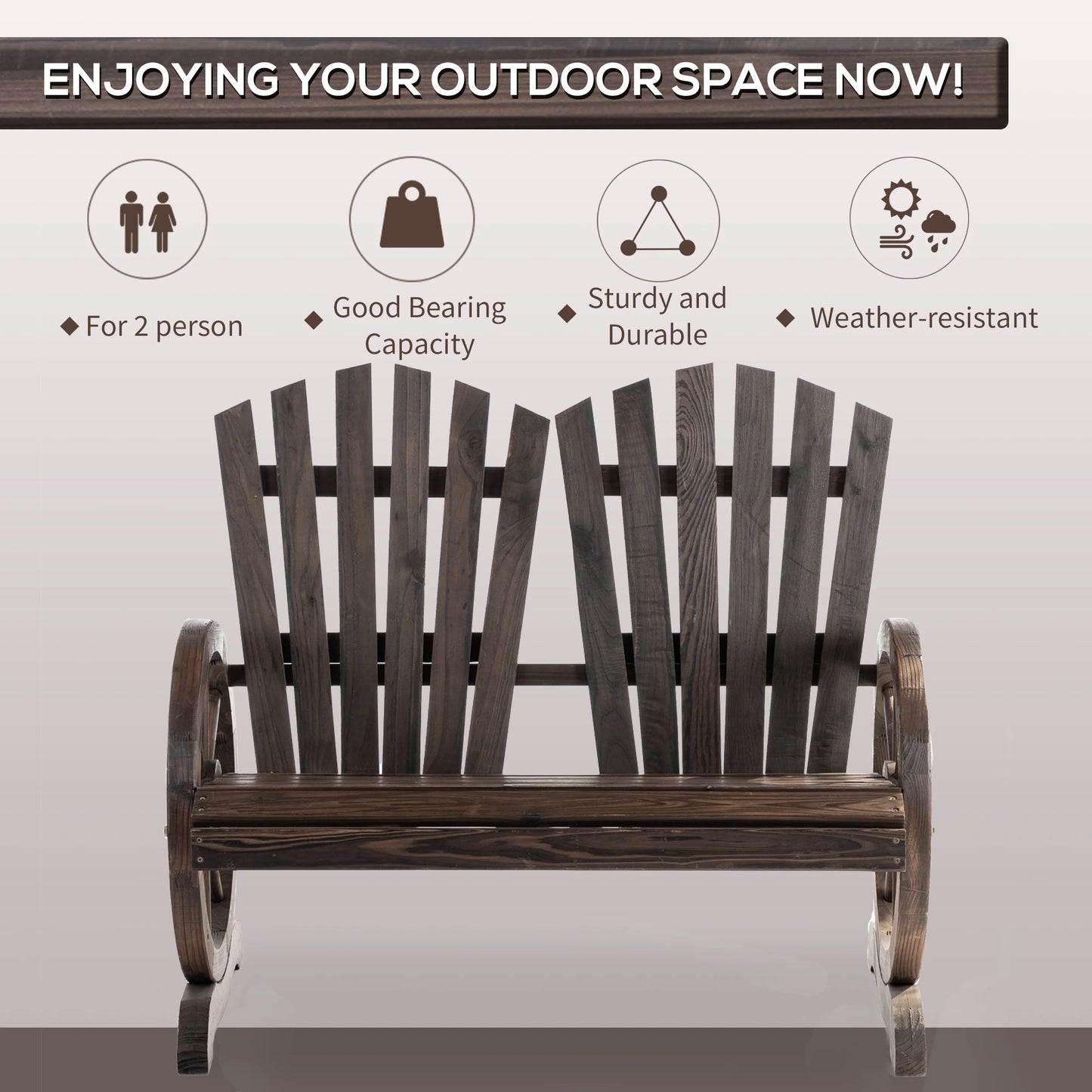 Outdoor Garden Bench, 2-Seat Wooden Patio Bench, Wheel-Shaped Armrests, Carbonized Outdoor Benches at Gallery Canada