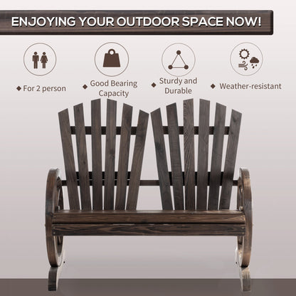 Outdoor Garden Bench, 2-Seat Wooden Patio Bench, Wheel-Shaped Armrests, Carbonized Outdoor Benches at Gallery Canada