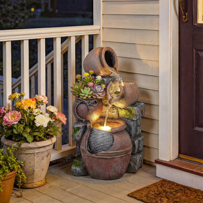 Outdoor Fountain, 4-Tier Rustic Pot, Cascading Rock Waterfall, LED Lights, Adjustable Flow Water Fountains at Gallery Canada
