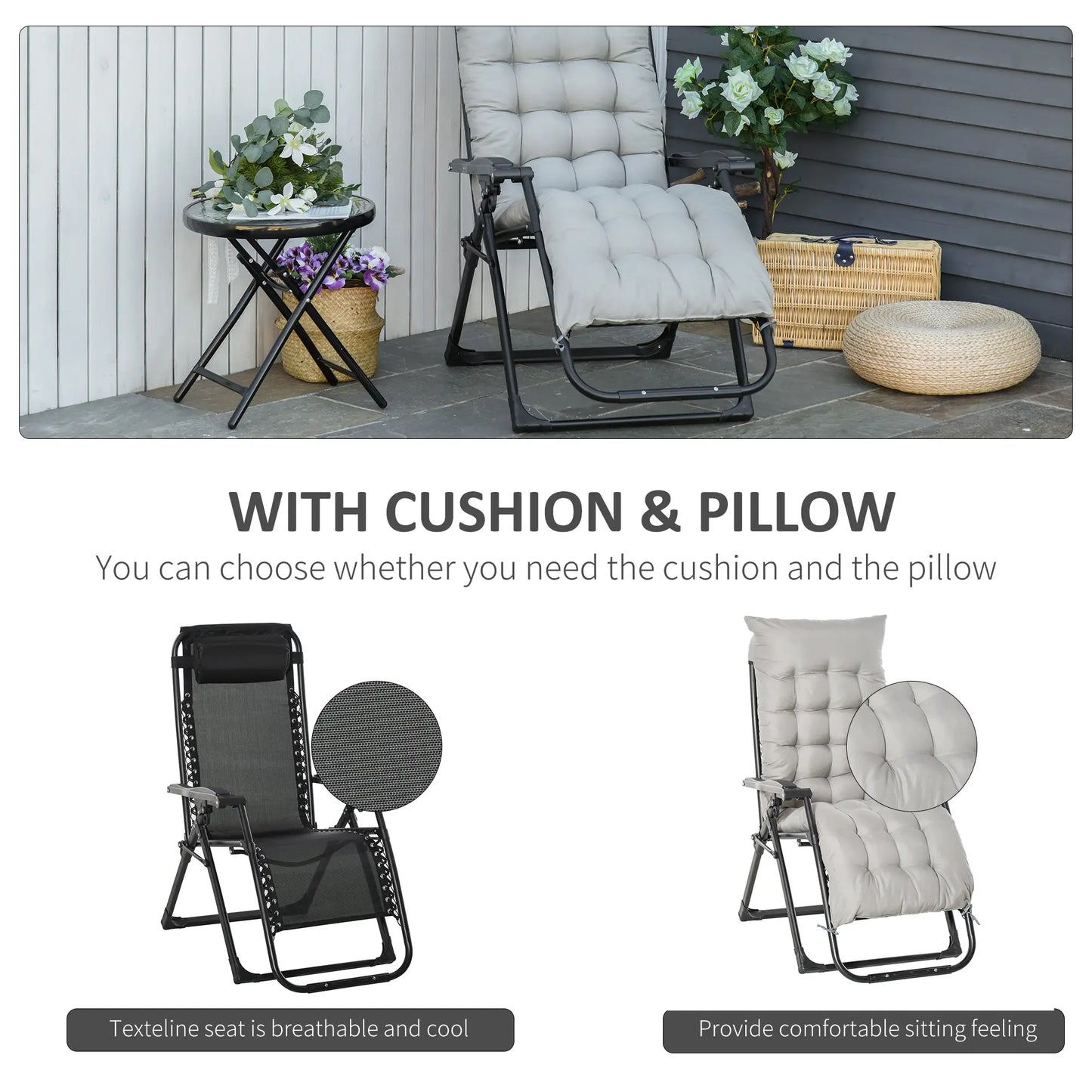 Zero Gravity Reclining Chair, Adjustable Backrest, Folding Sun Lounger, Removable Cushion, Light Grey Lounger Chairs at Gallery Canada