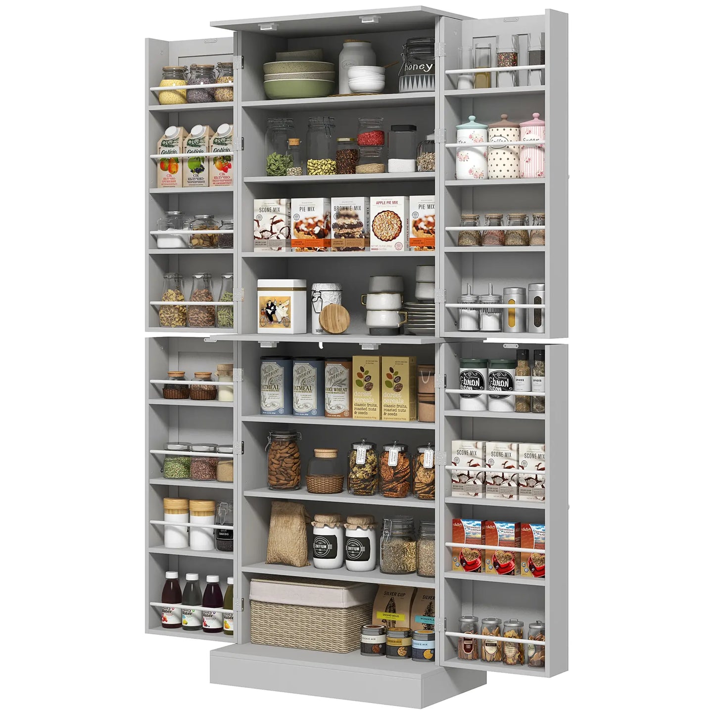65" Kitchen Pantry Cabinet, 4 Doors, 16 Shelves, Grey Kitchen Pantry Cabinets Grey at Gallery Canada
