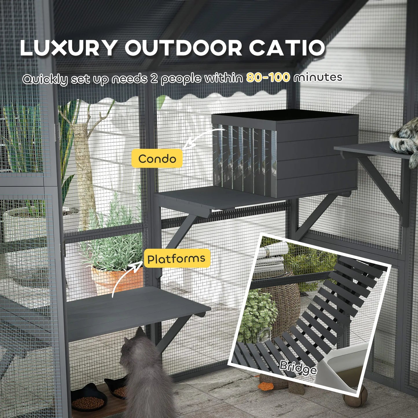Large Catio, Waterproof Cover, 2 Resting Boxes, 4 Platforms, Bridge, Grey Outdoor Cat Enclosures at Gallery Canada