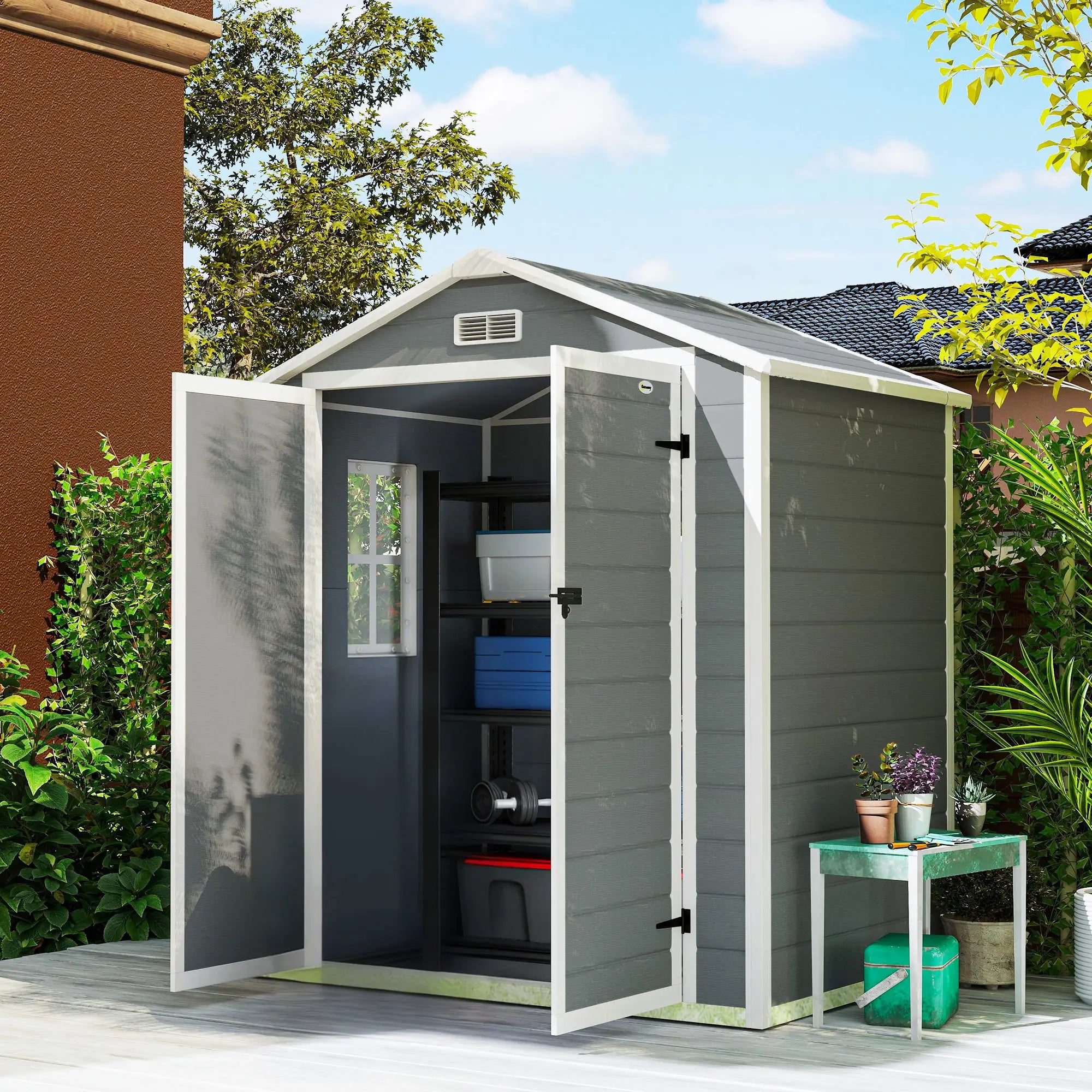 6x4.5ft Plastic Garden Shed, Lockable Tool Storage, Double Doors, Vent, Gray Sheds at Gallery Canada