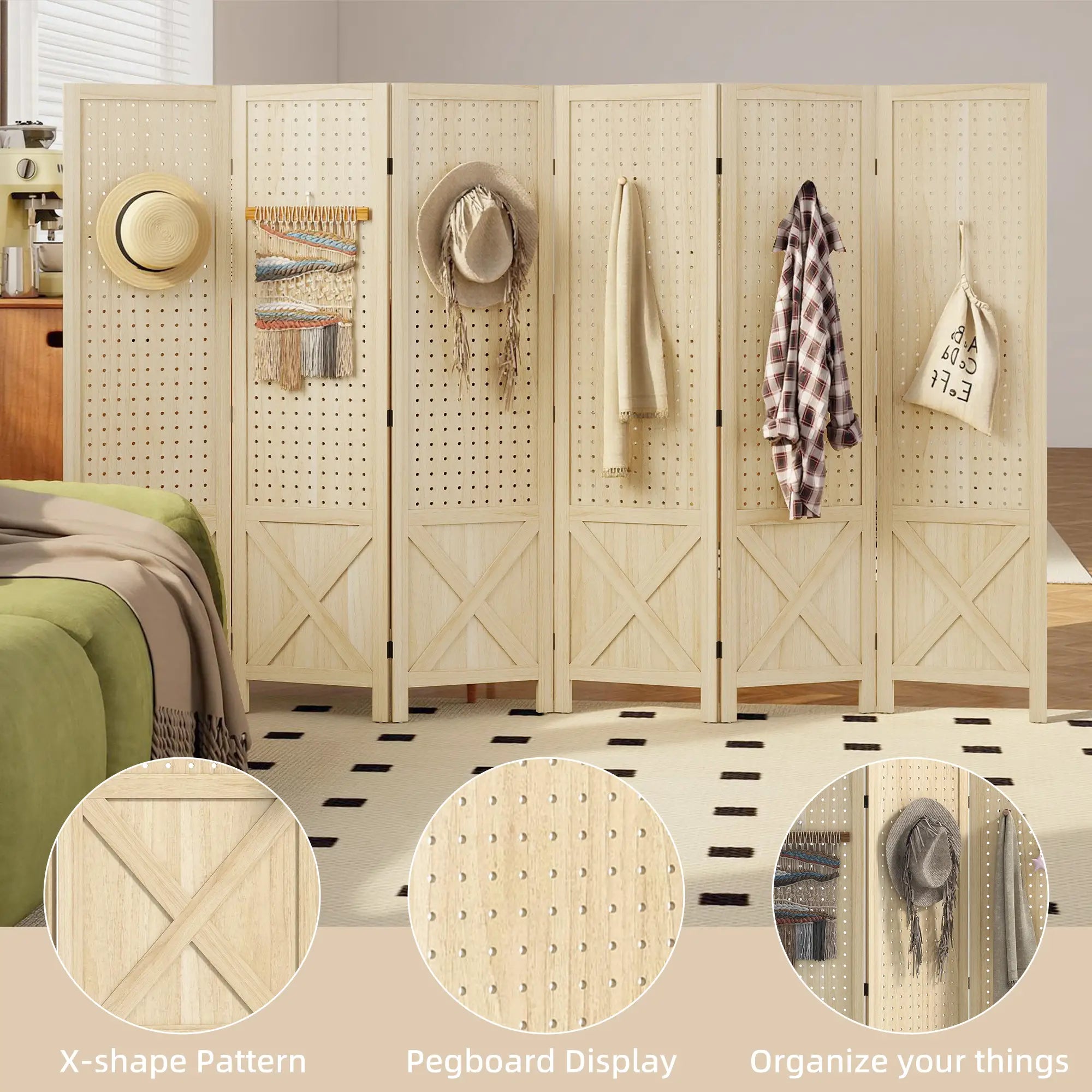 Wooden Room Divider, 6 Panel Folding Privacy Screen, Natural Wood Room Dividers at Gallery Canada