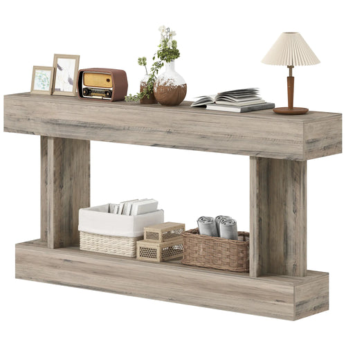 63 Inch Console Table, Vintage Narrow with Storage Shelf, Light Brown