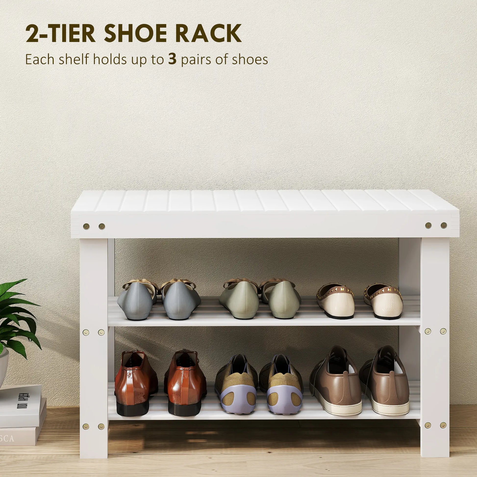 Bamboo Shoe Storage Bench, 3-Tier, 2 Shelves, Holds 6 Pairs, White Shoe Storage Cabinets & Racks at Gallery Canada