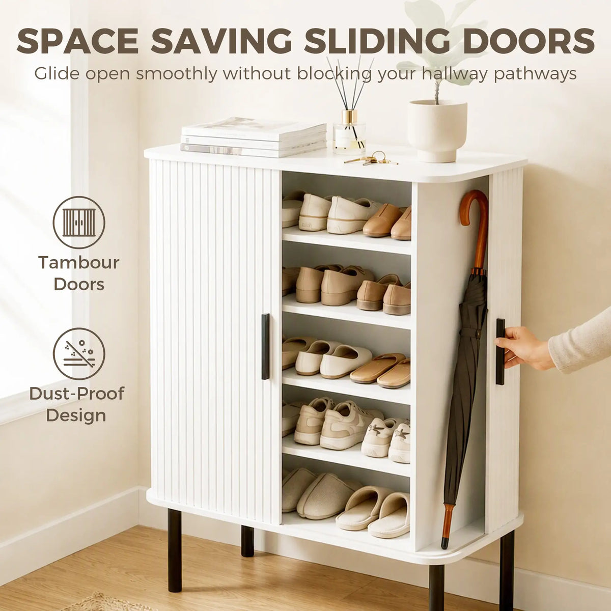 Shoe Cabinet Adjustable Shelves Side Cubbies Tambour Door, White