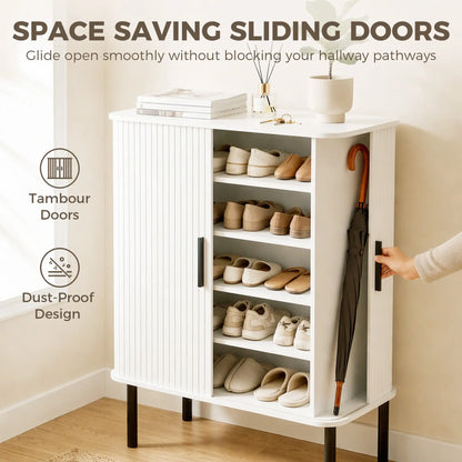 Shoe Cabinet Adjustable Shelves Side Cubbies Tambour Door, White