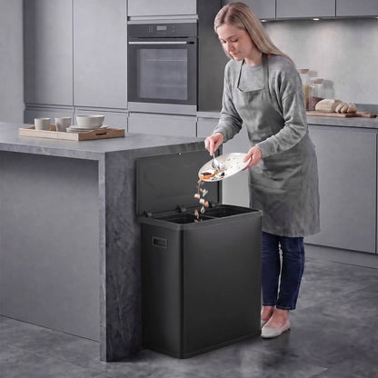 60L Touchless Trash Can, Dual Compartment, Stainless Steel, Black