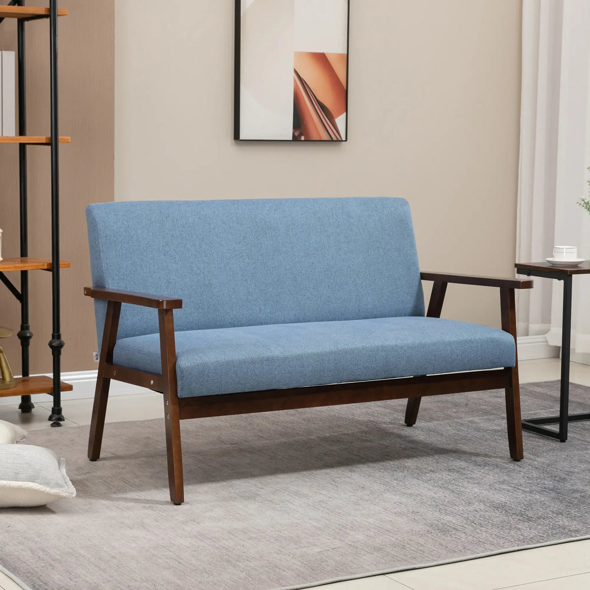 Compact Loveseat Sofa, Linen Fabric, Rubber Wood Legs, Blue 2-Seater Sofas at Gallery Canada