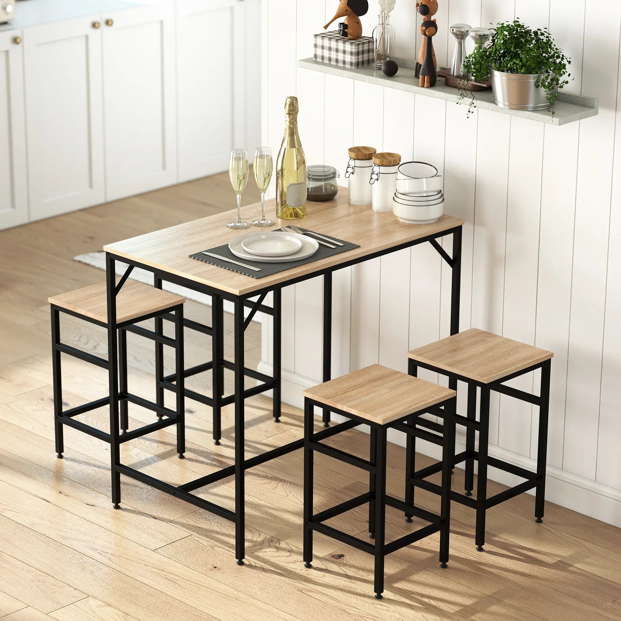 5-Piece Industrial Rectangular Bar Table Set, 4 Stools, Oak Bar Sets at Gallery Canada