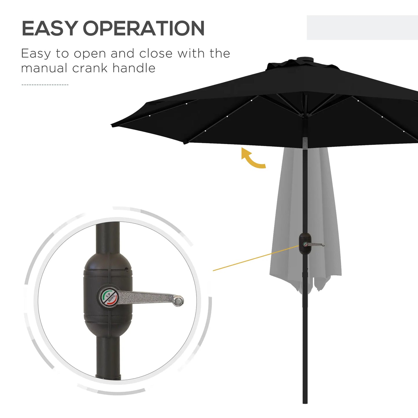 9ft Solar Patio Umbrella, 24 LED Lights, Tilt Canopy, Black Sun Umbrellas at Gallery Canada