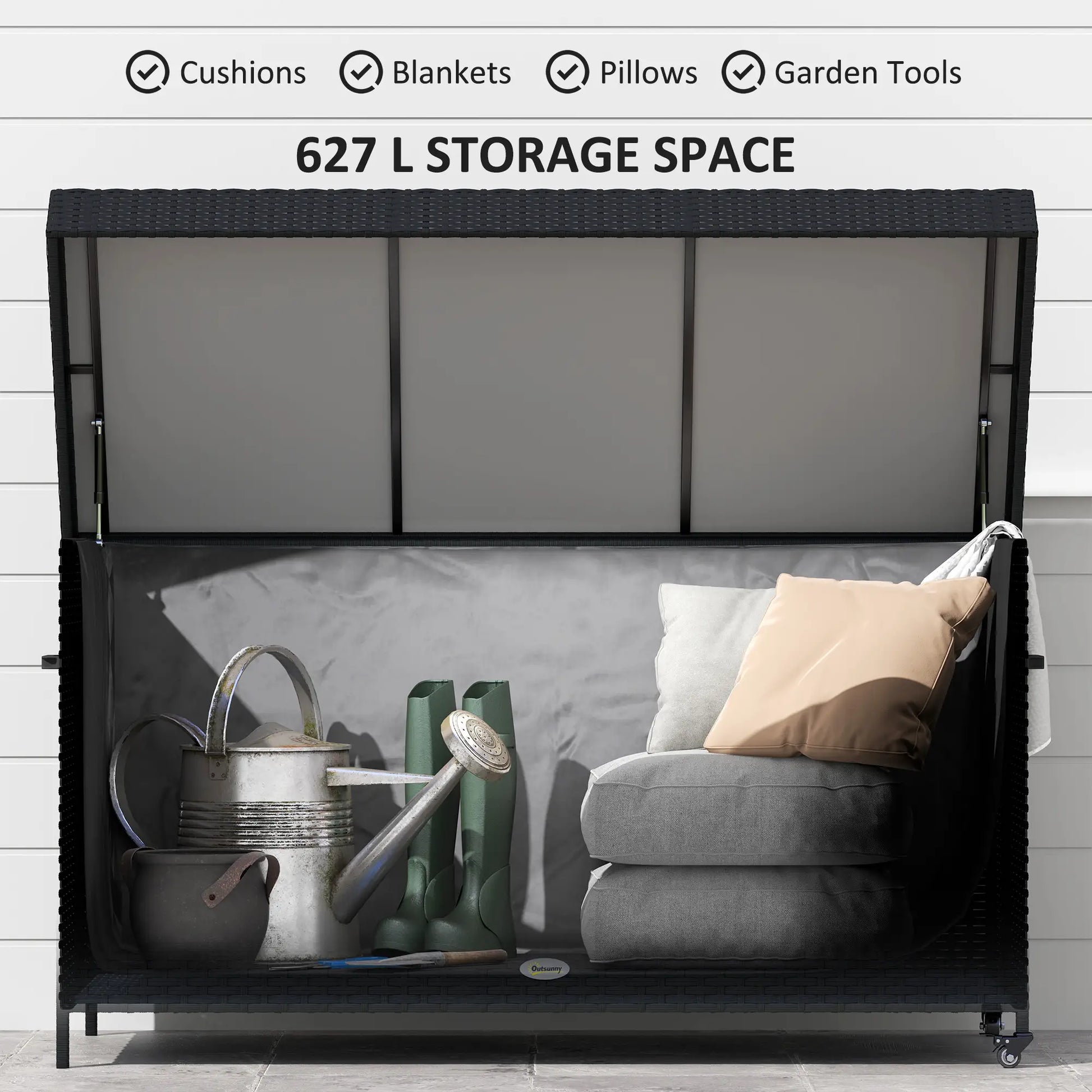 165 Gallon Deck Box, Wicker Outdoor Storage, Waterproof Liner, Black Patio Storage Boxes at Gallery Canada