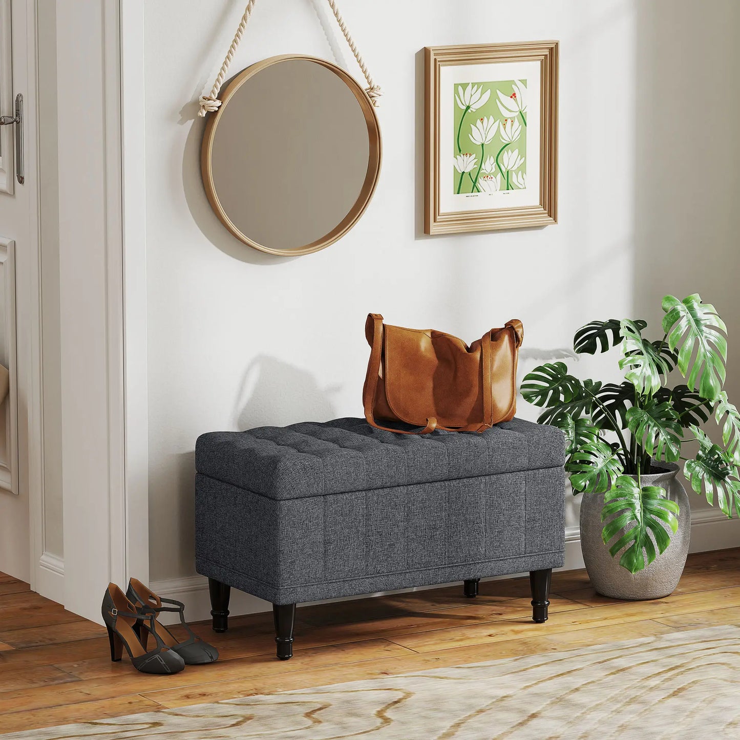 Linen Storage Ottoman, Button Tufted Bench for Bedroom, Grey Storage Ottomans & Benches at Gallery Canada