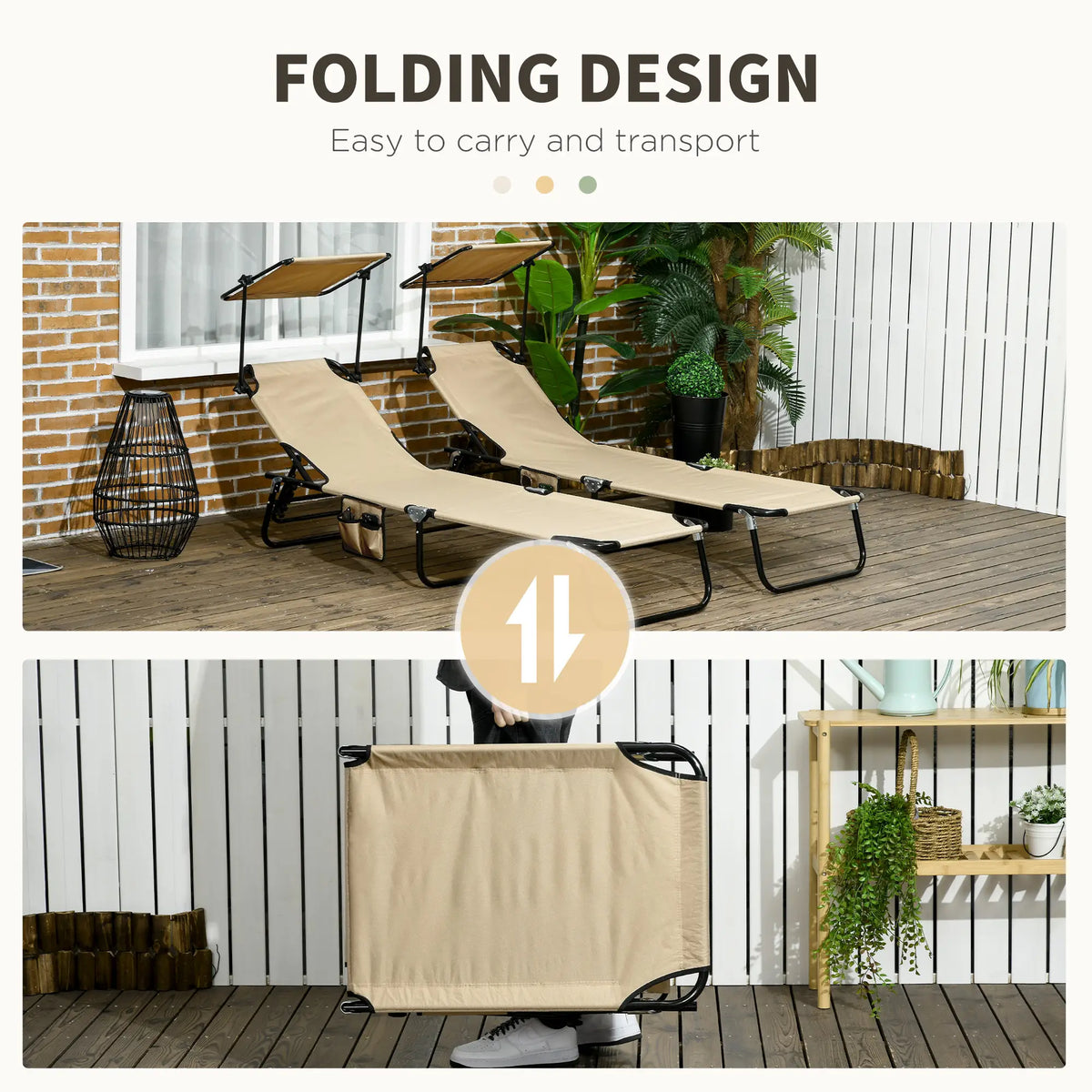 2 Piece Folding Chaise Lounges, Reclining Back, Sunshade, Pool, Beach, Patio