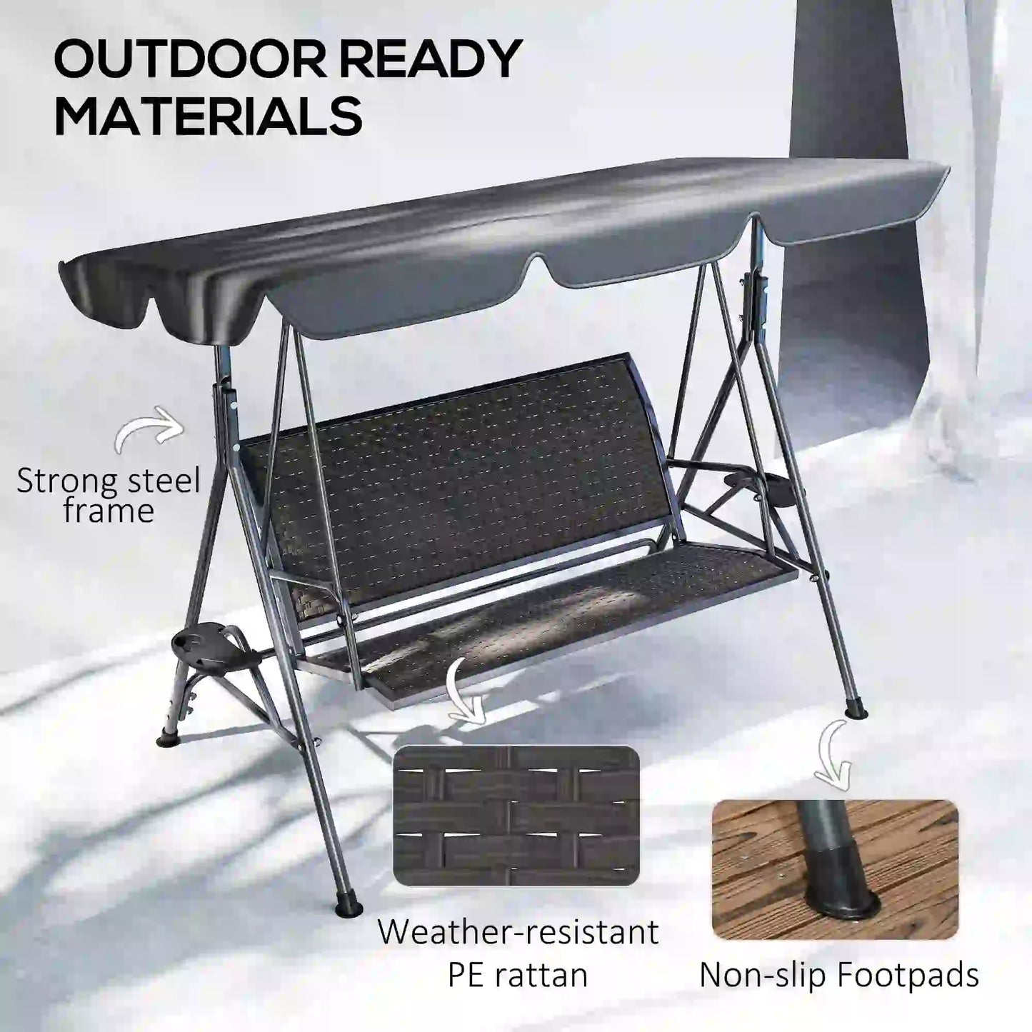 3-Seat Patio Swing Chair, Outdoor Canopy Swing Glider, Adjustable Shade, Grey Patio Swings with Stand at Gallery Canada