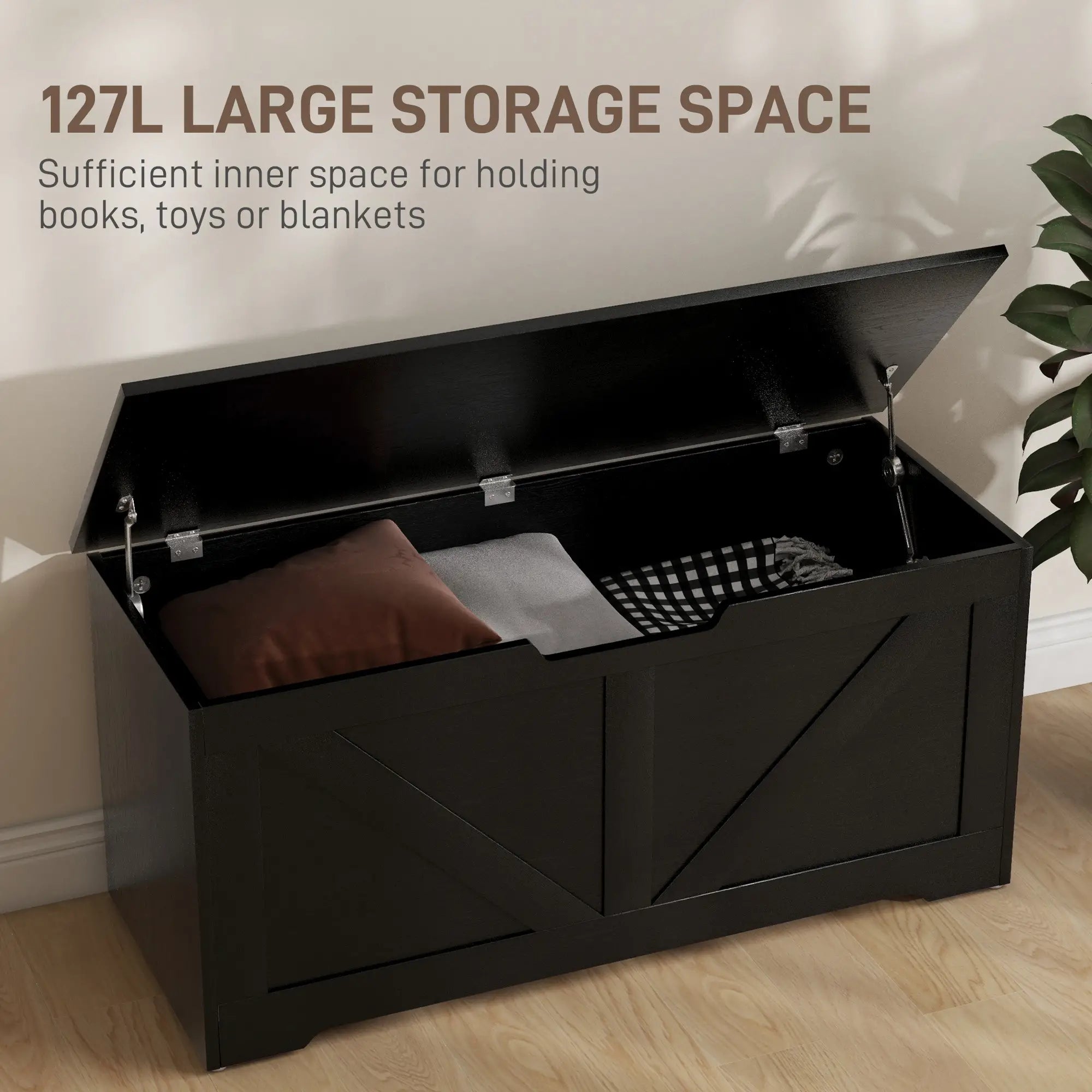 39.4 Inches Storage Chest, Wooden Box with Safety Hinges, Wood Grain, Black Storage Cabinets at Gallery Canada