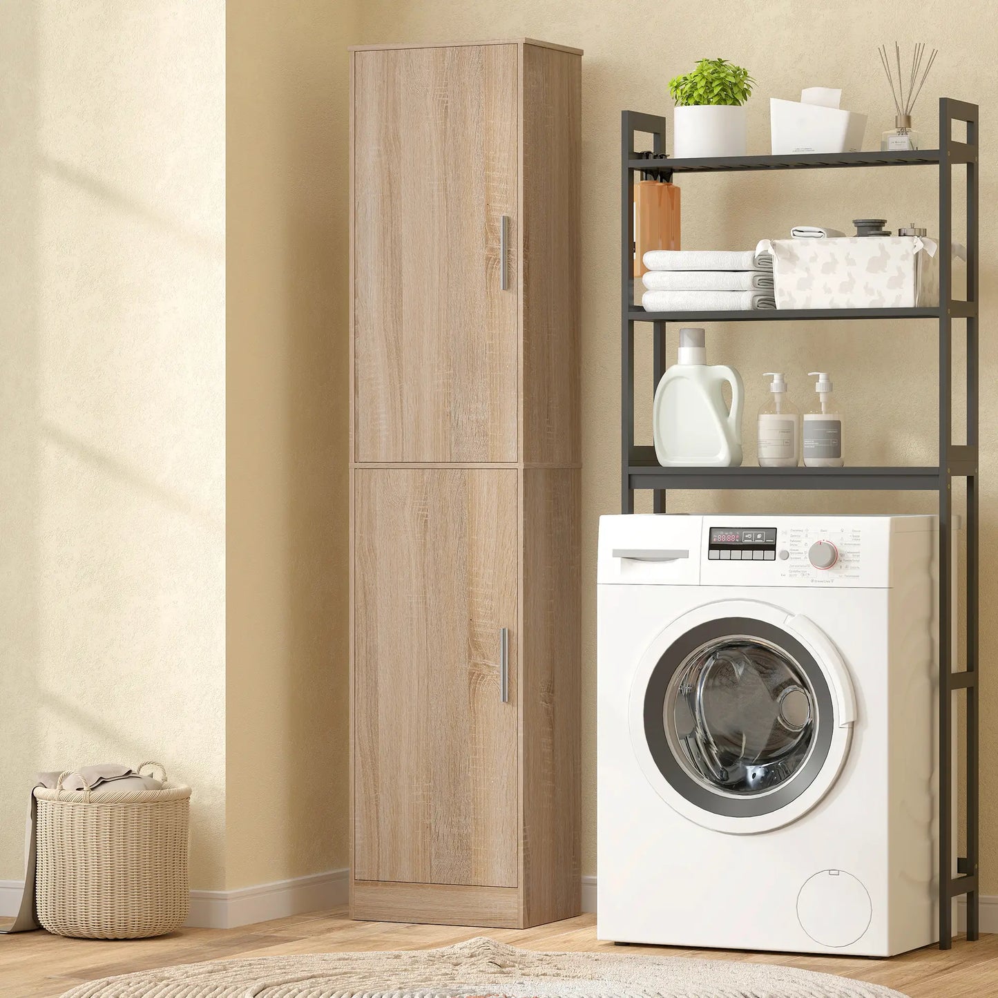 Tall Bathroom Cabinet, Slim 6-Tier Bathroom Floor Cabinet with 2 Doors and 4 Adjustable Shelves, Natural Wood