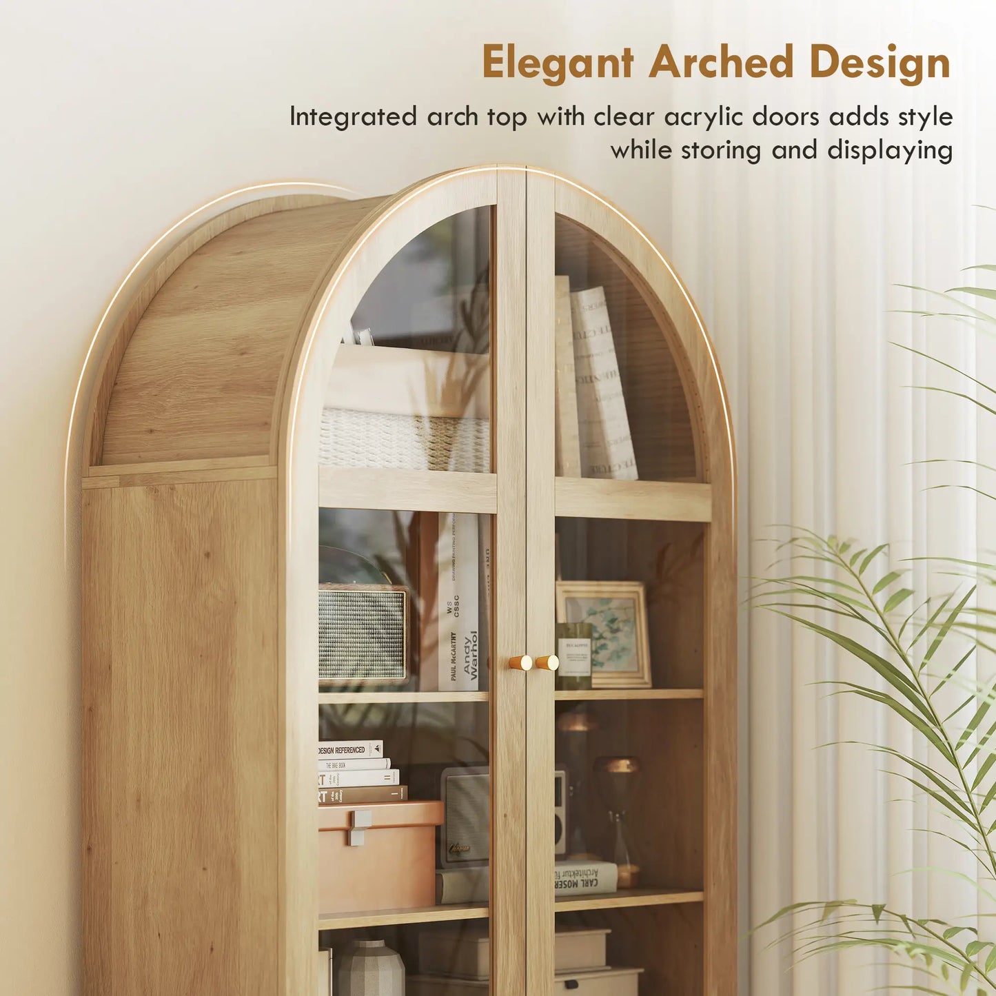 71" Tall Arched Kitchen Pantry Cabinet, Adjustable Shelves, Acrylic Doors, Oak Kitchen Pantry Cabinets at Gallery Canada