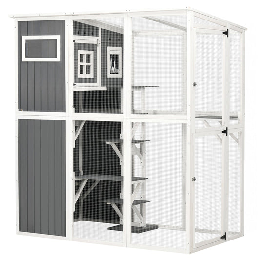 Wooden Cat Catio, 66.5"L Walk in Outdoor Cat House with PVC Weather Protection Roof, Multiple Platforms, Lockable Doors, Resting Condo, Observation Window, for 2 Cats - Gallery Canada