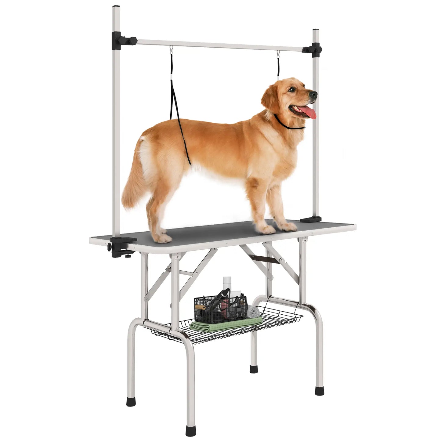 Adjustable Dog Grooming Table, 2 Safety Slings, Storage Basket, Grey Dog Grooming Tables at Gallery Canada