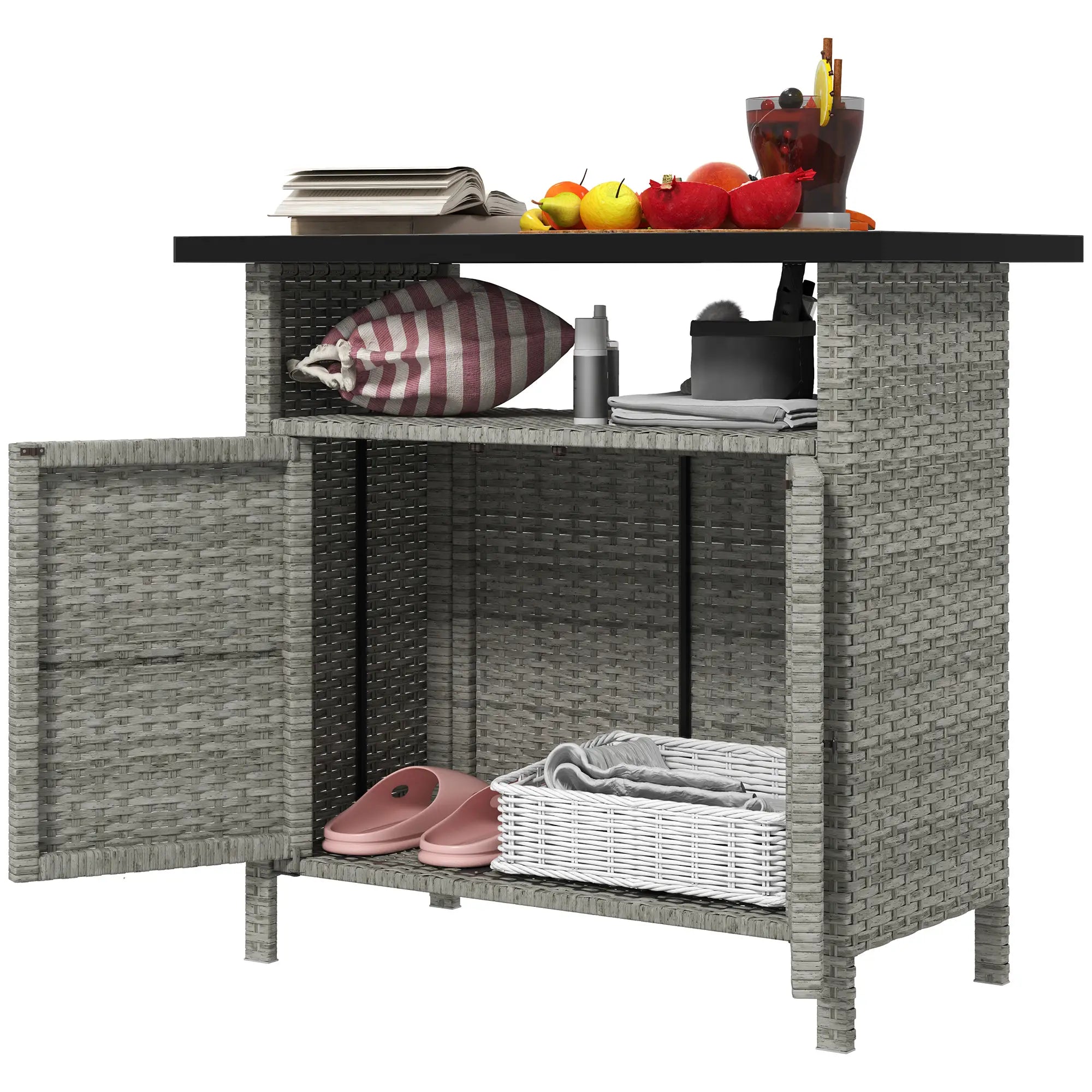 Outdoor Wicker Storage Cabinet, Two Doors, Shelf, Grey Patio Storage Boxes Grey, Black at Gallery Canada