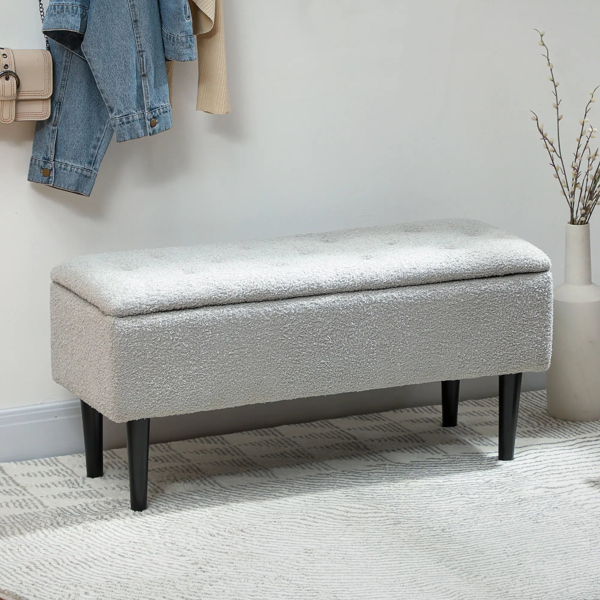 Modern Storage Bench, Ottoman with Lamb's Wool Upholstery, Grey Storage Ottomans & Benches at Gallery Canada